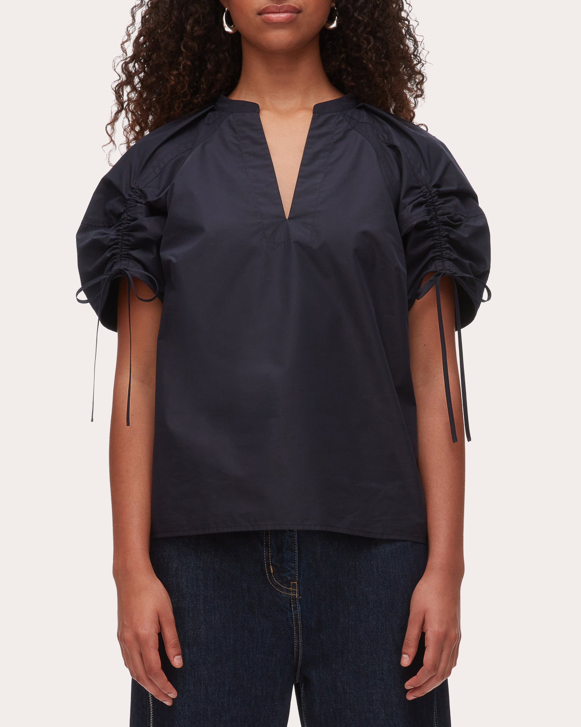 Cotton Poplin Ruched Puff-Sleeve Top