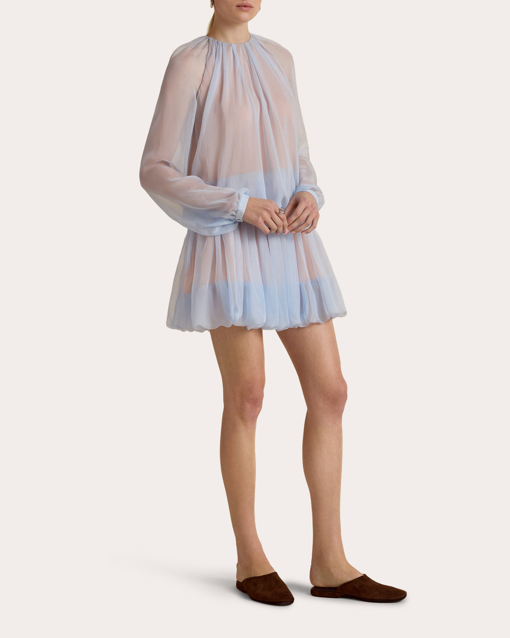 Silk Chiffon Gathered Long-Sleeve Blouse