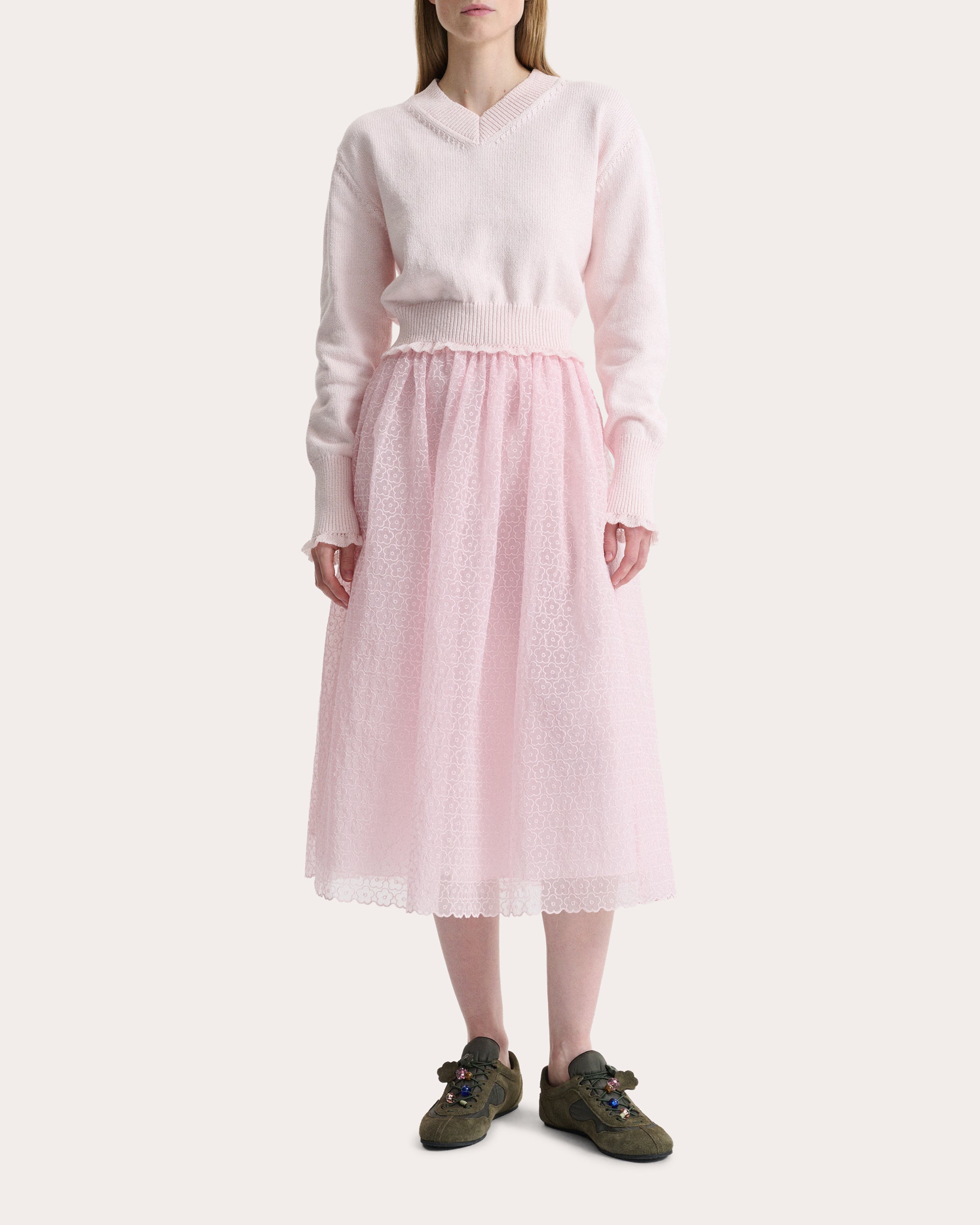 Drusilla Wool Knit Ruffle V-Neck Sweater