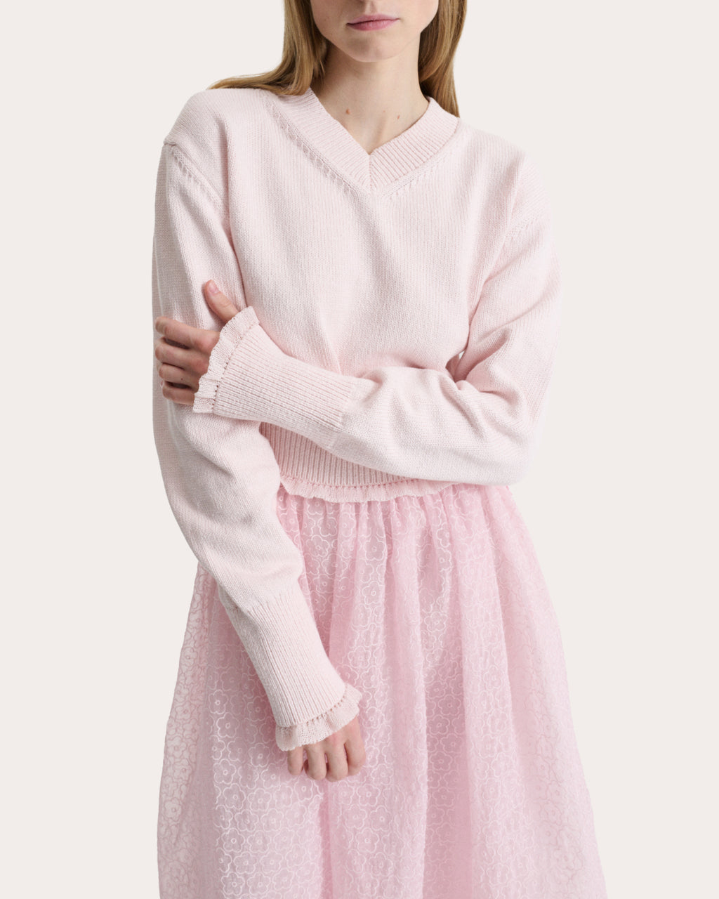 Drusilla Wool Knit Ruffle V-Neck Sweater