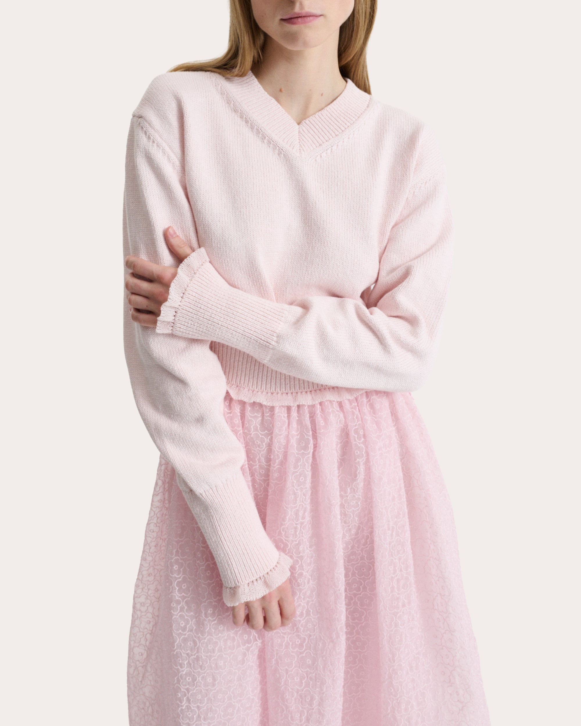 Drusilla Wool Knit Ruffle V-Neck Sweater