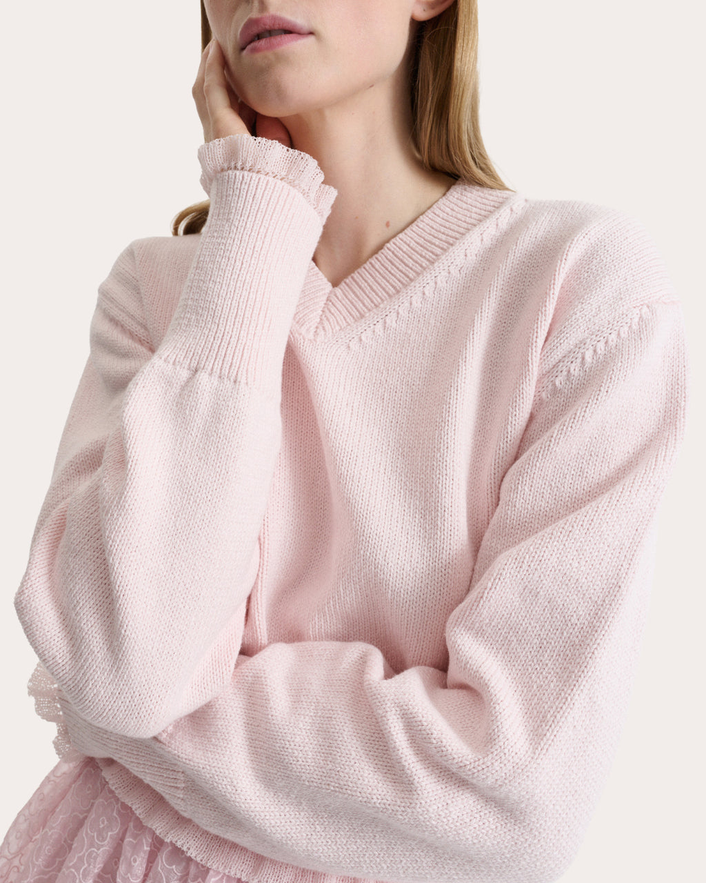 Drusilla Wool Knit Ruffle V-Neck Sweater