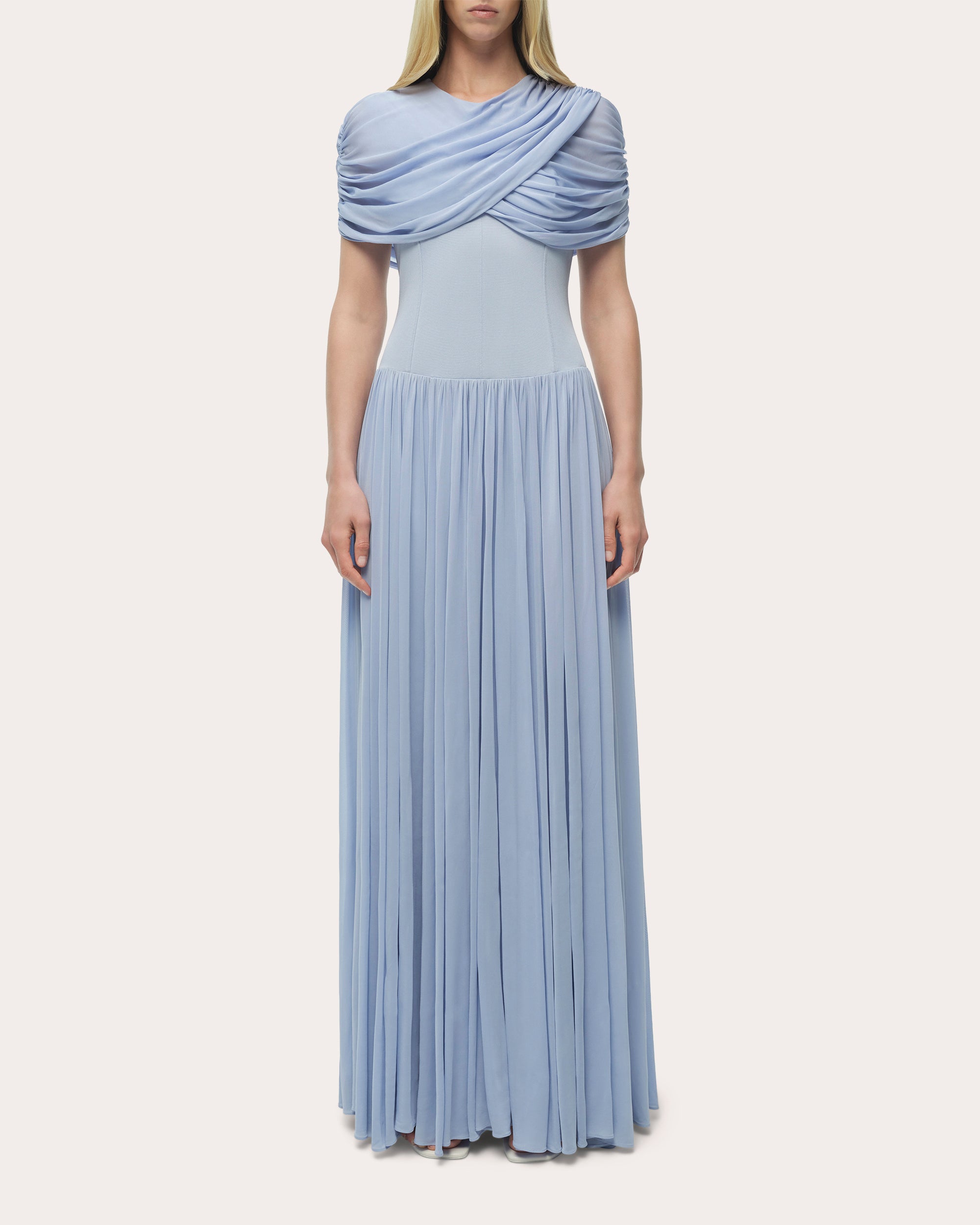 Nancie Ruched Jersey Cape Maxi Dress