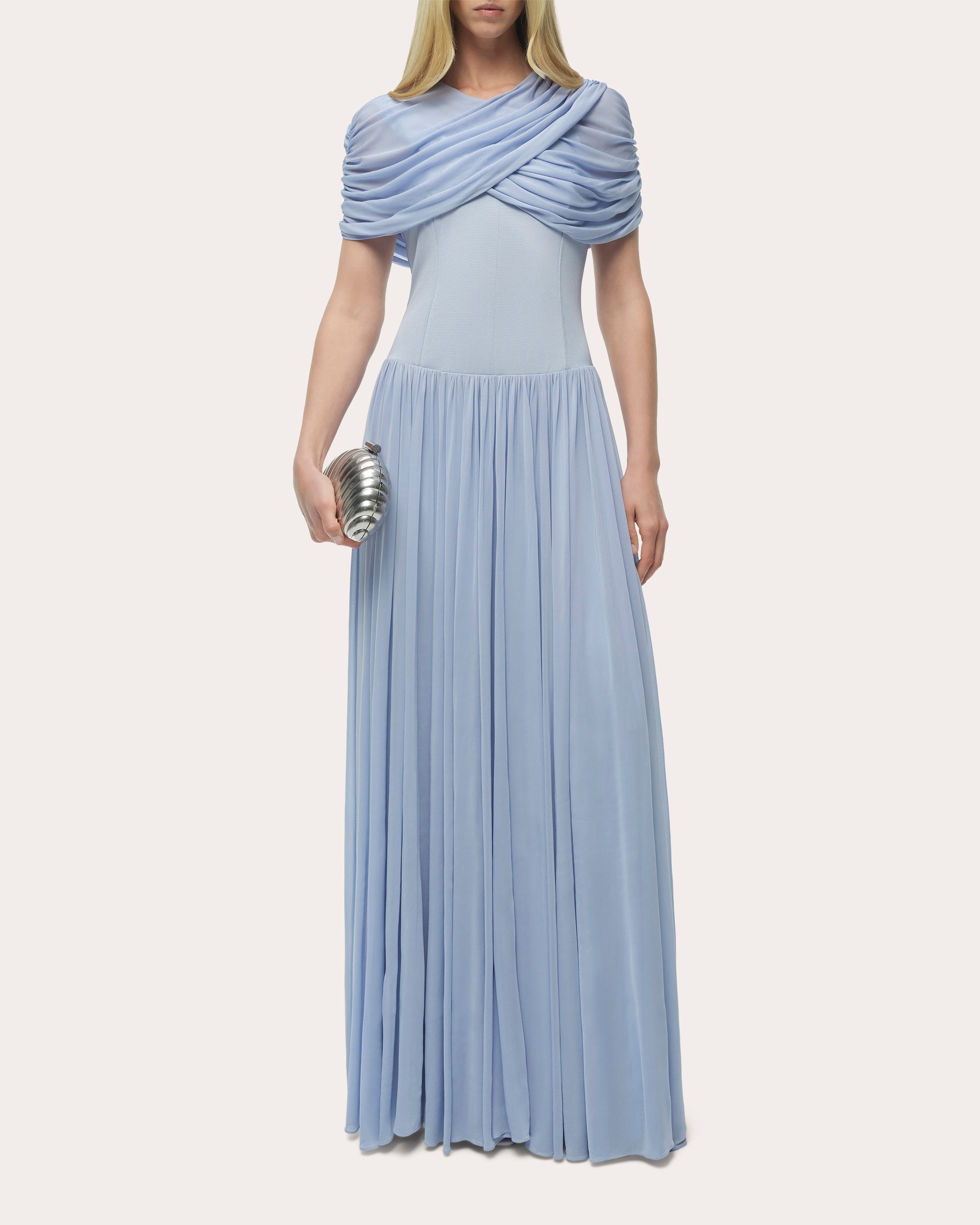 Nancie Ruched Jersey Cape Maxi Dress
