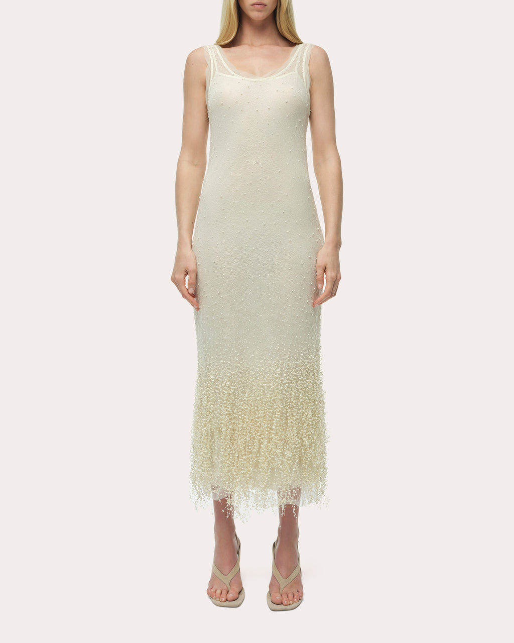 Irisa Beaded Fringe Lace Sleeveless Midi Dress