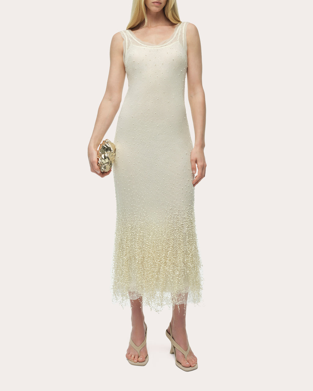 Irisa Beaded Fringe Lace Sleeveless Midi Dress