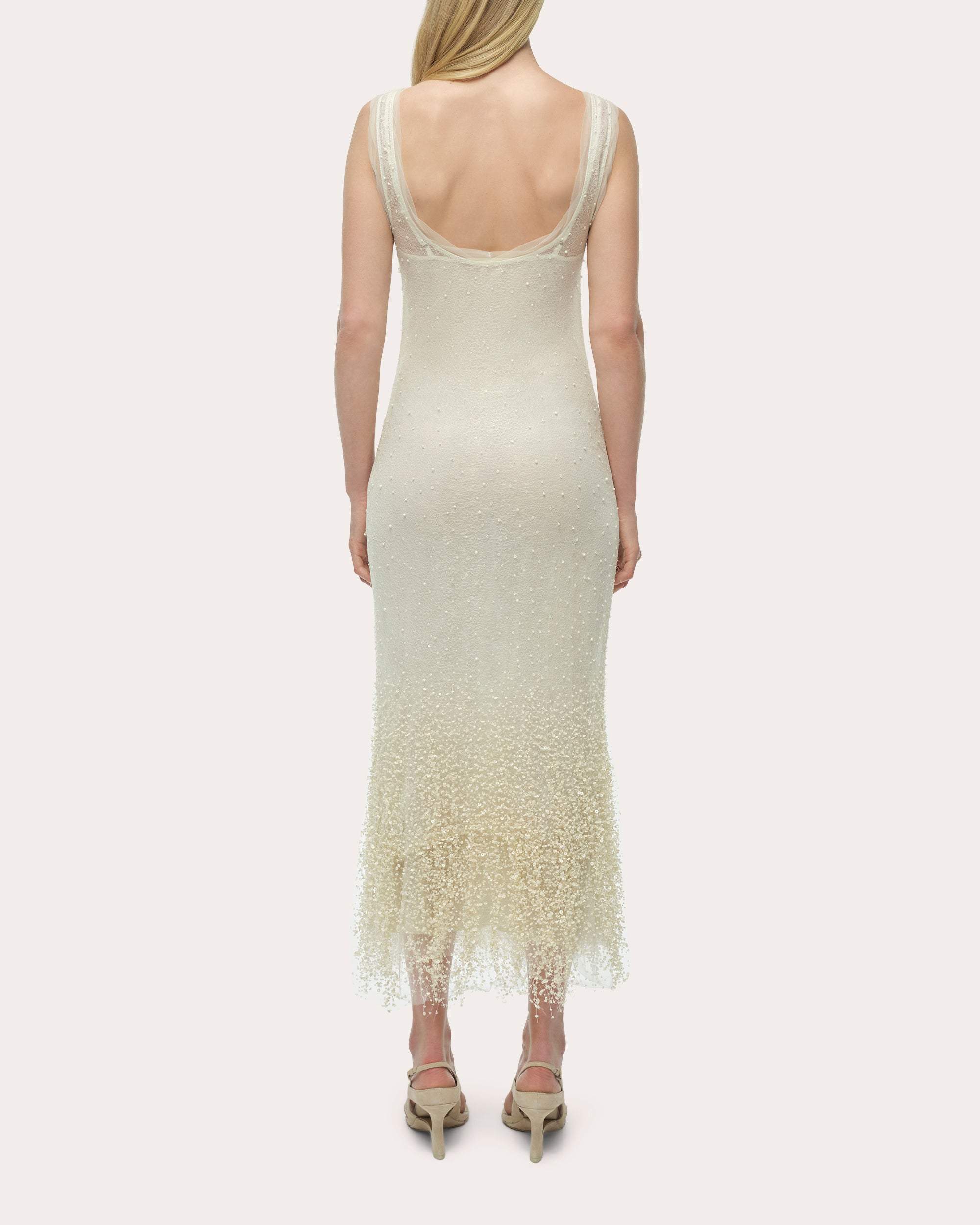 Irisa Beaded Fringe Lace Sleeveless Midi Dress