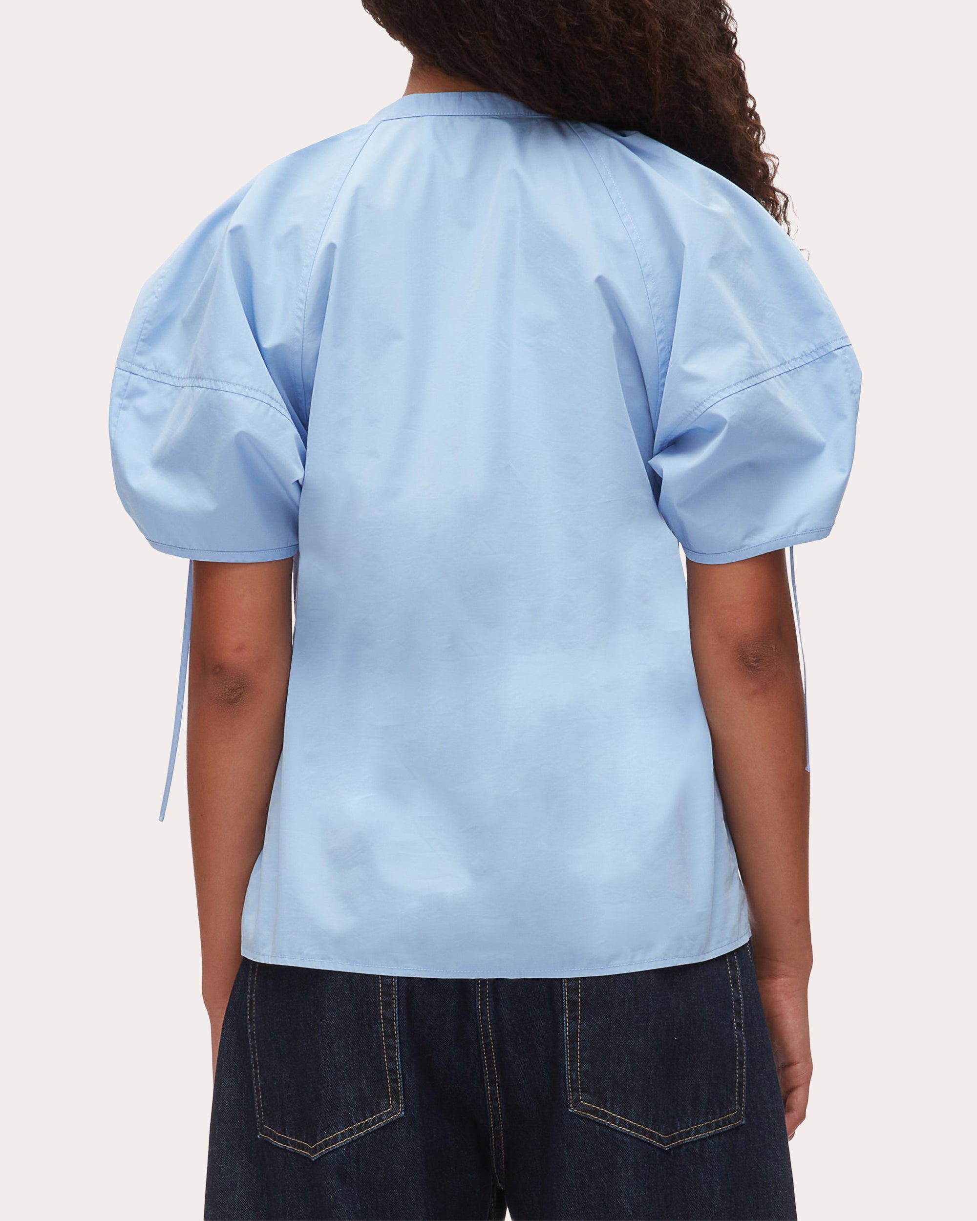 Cotton Poplin Ruched Puff-Sleeve Top