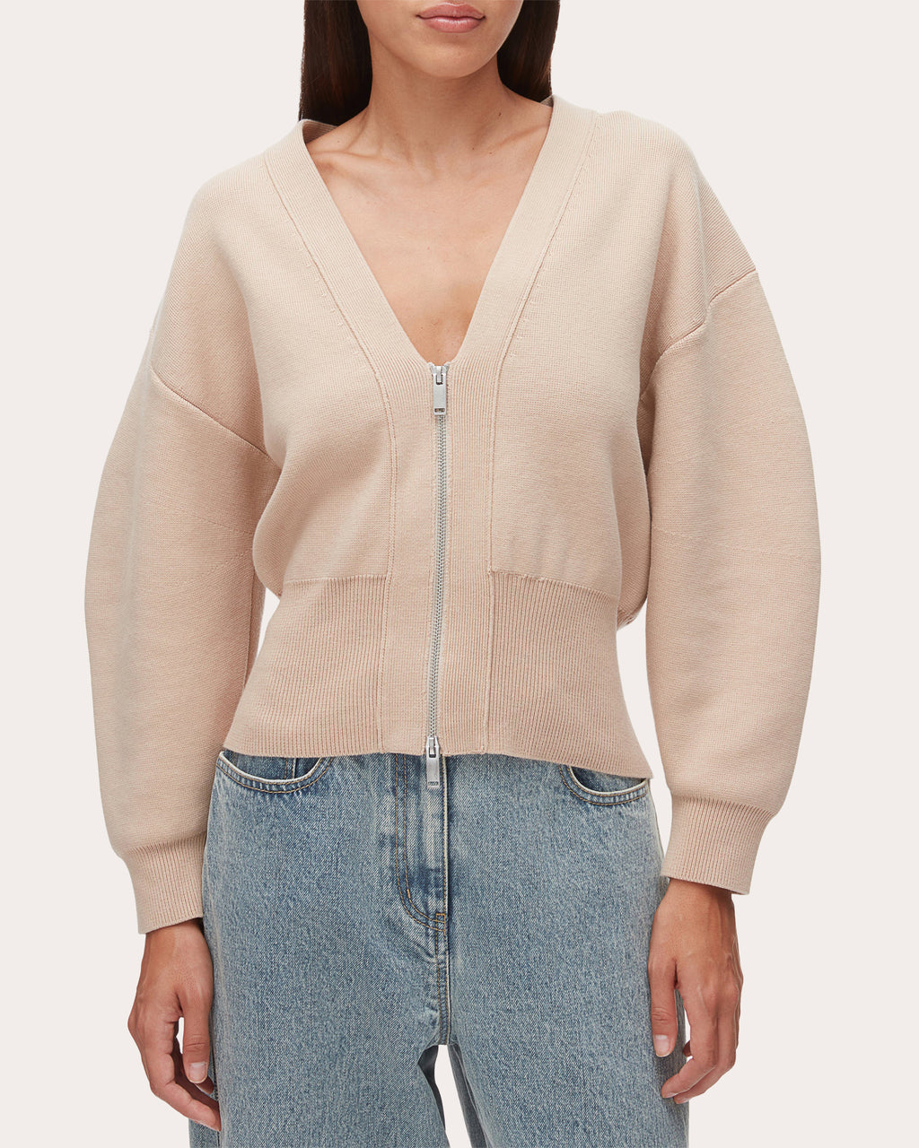 Cotton Knit Sculpted-Sleeve Crop Cardigan