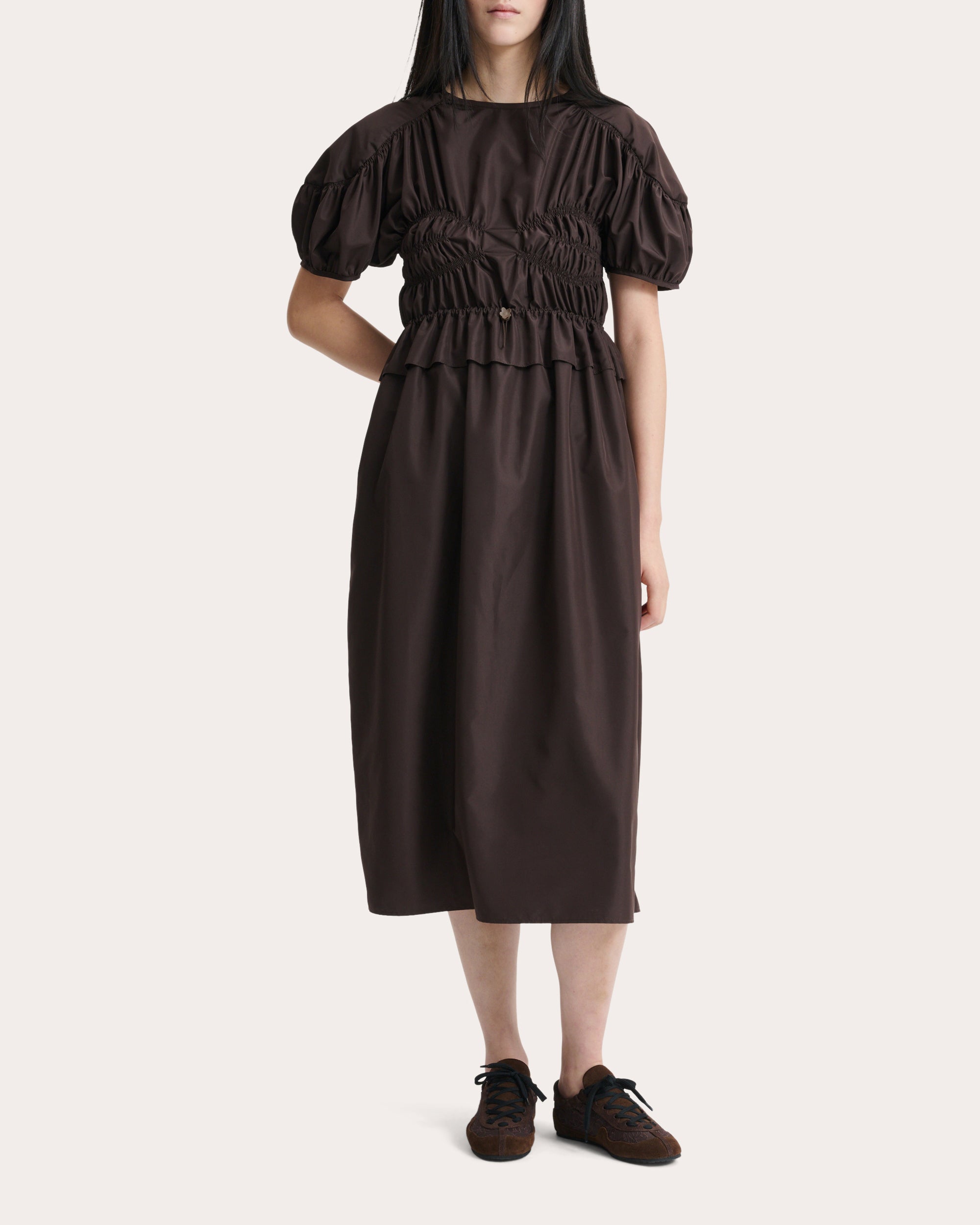 Betsy Faille Ruched Bustier Midi Dress