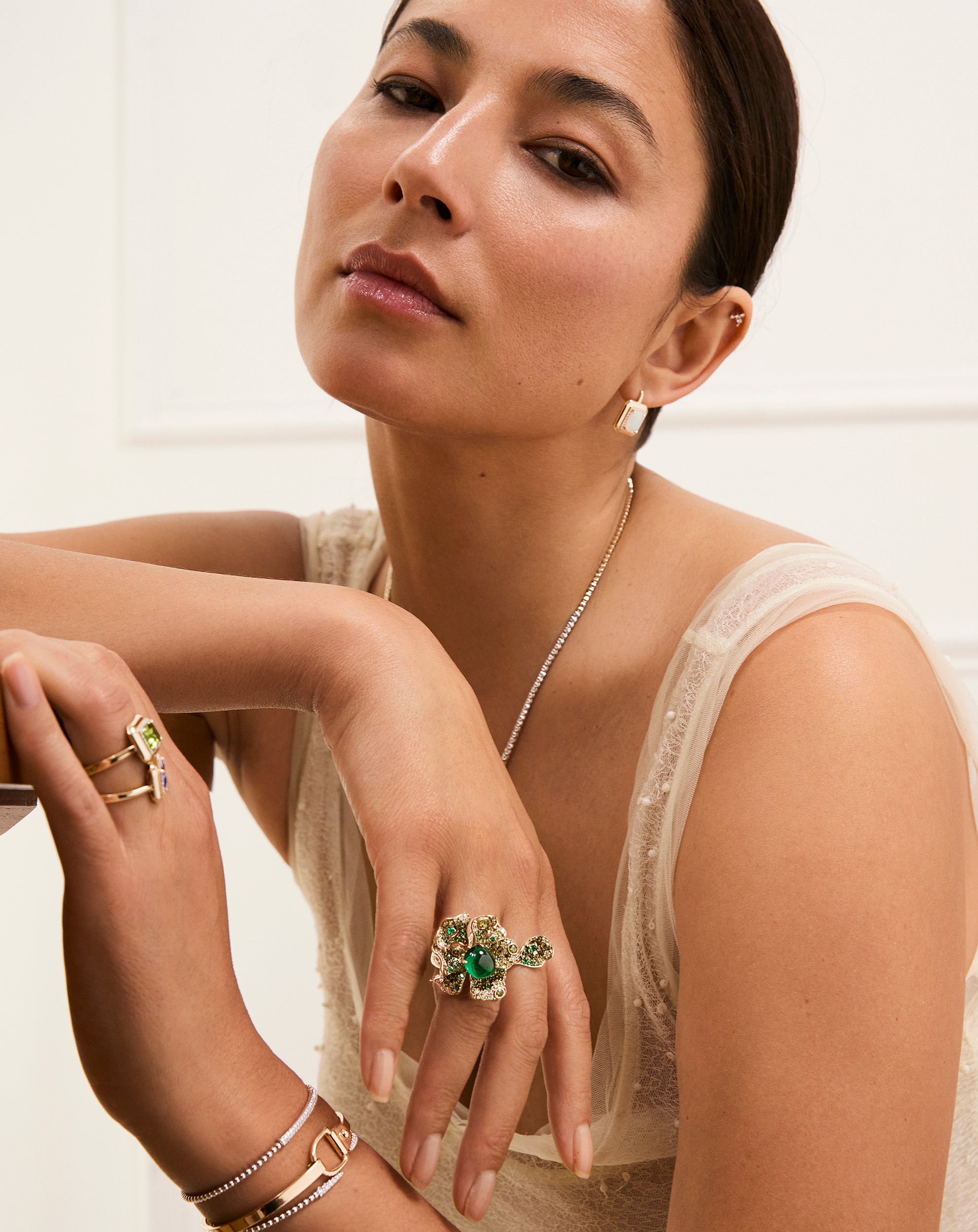 Emerald & Diamond Peony Ring