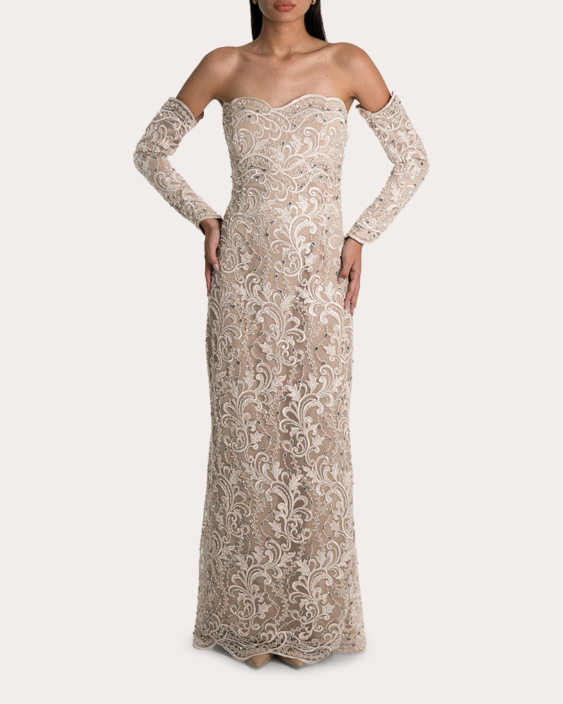 Yari Embellished Lace Strapless Gown