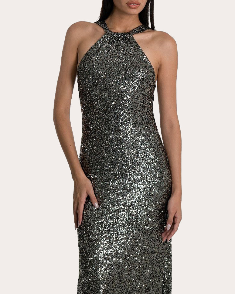 Calixta Sequin High-Neck Gown