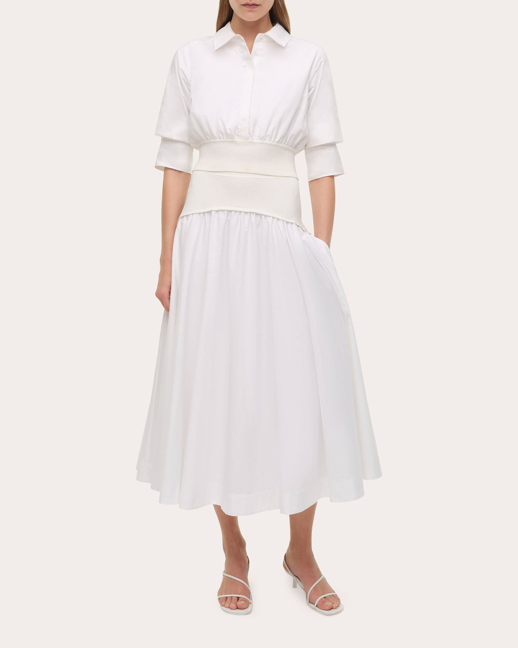 Ovie Gathered Poplin Knit Combo Midi Skirt