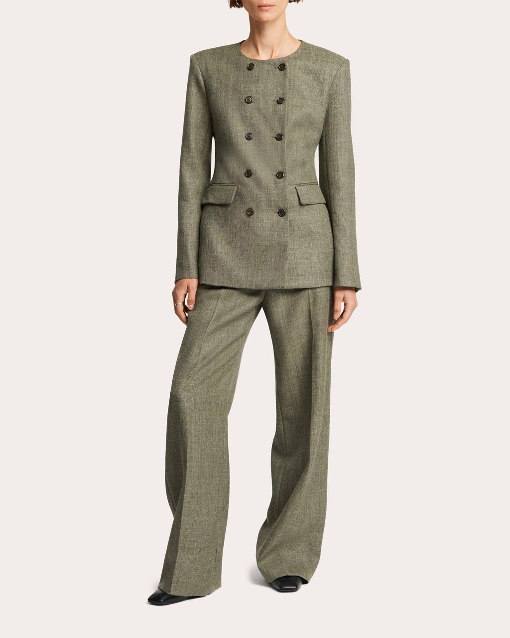 Herringbone Wool Double-Breasted Crewneck Blazer