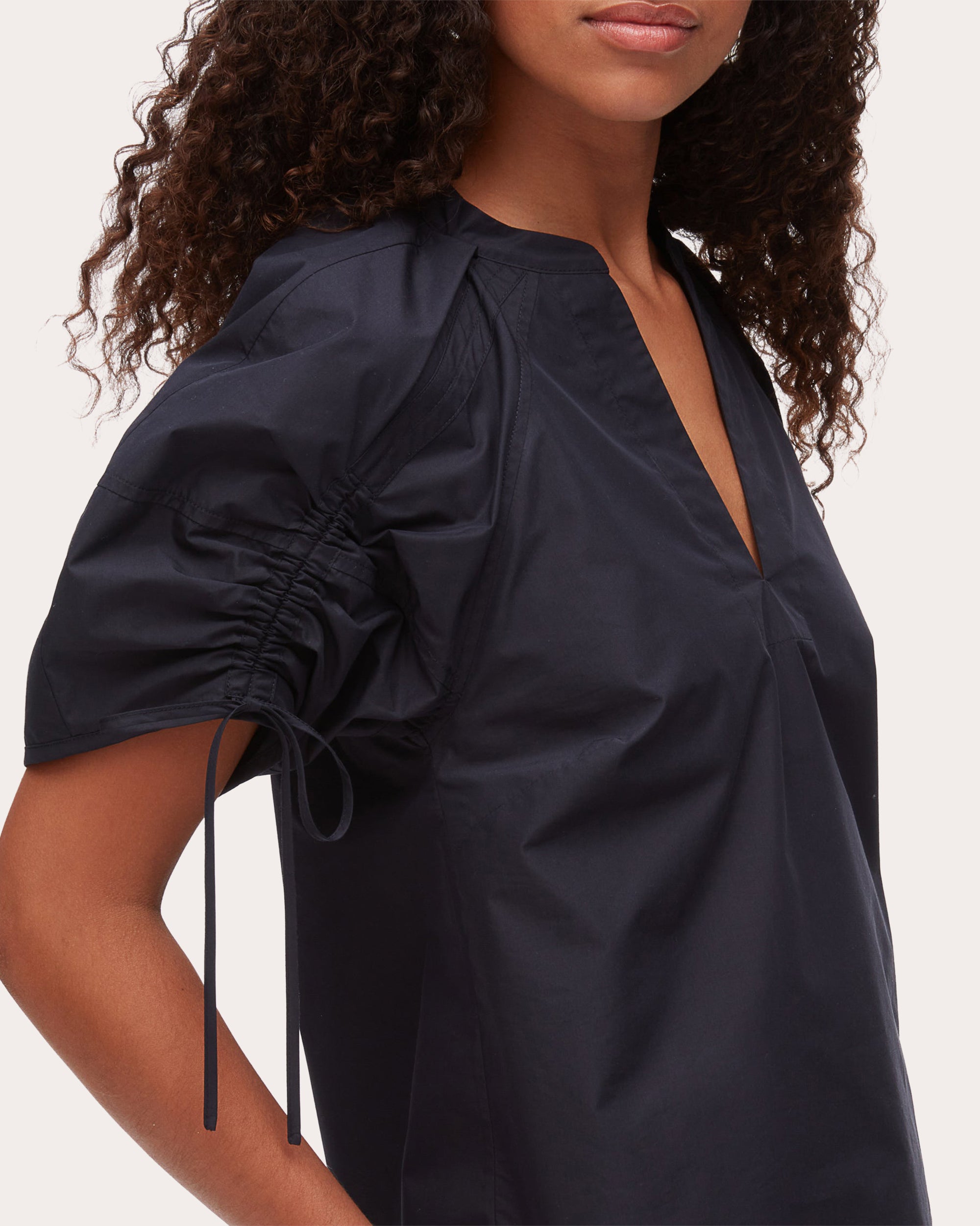 Cotton Poplin Ruched Puff-Sleeve Top