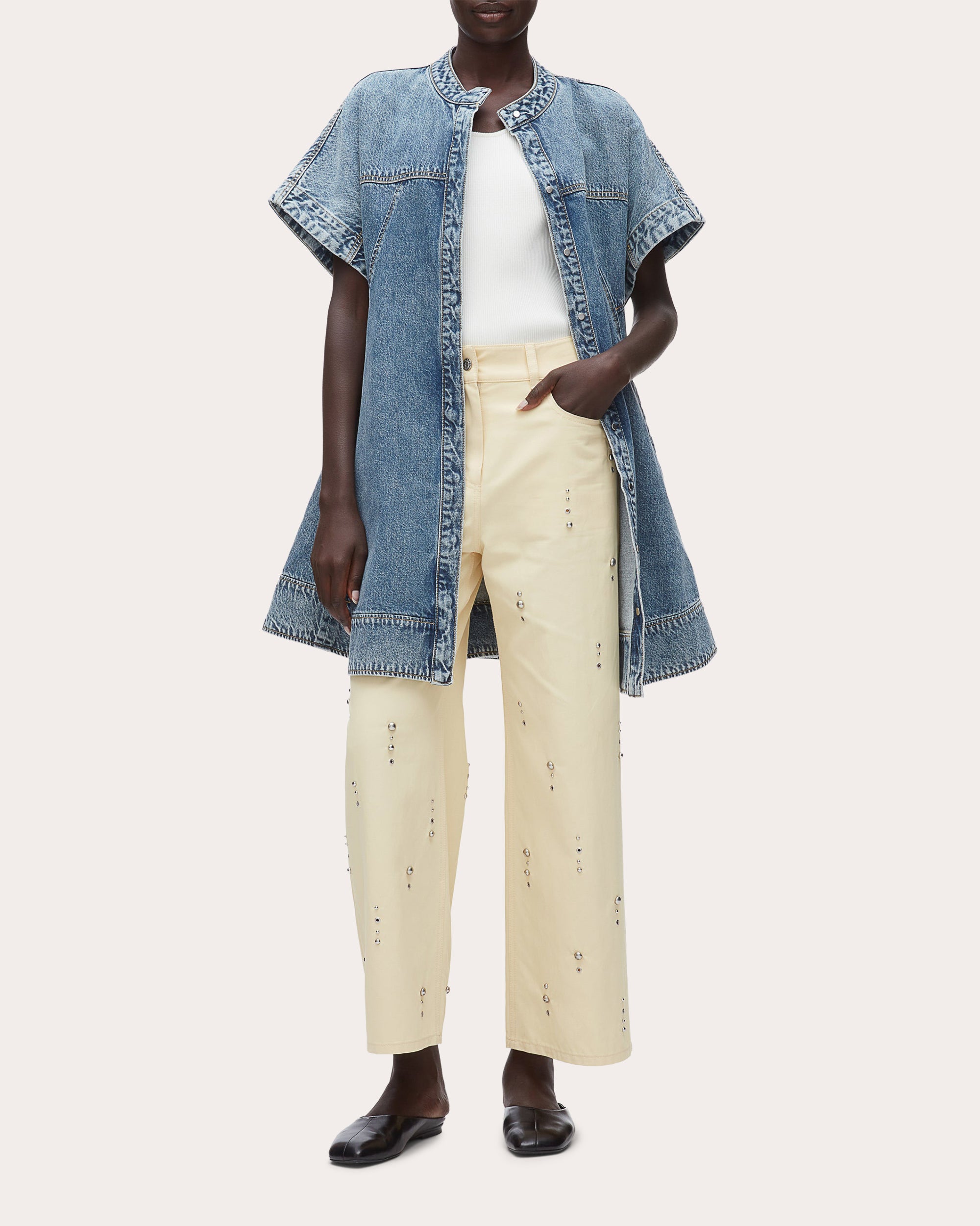 Denim Short-Sleeve Trapeze Dress