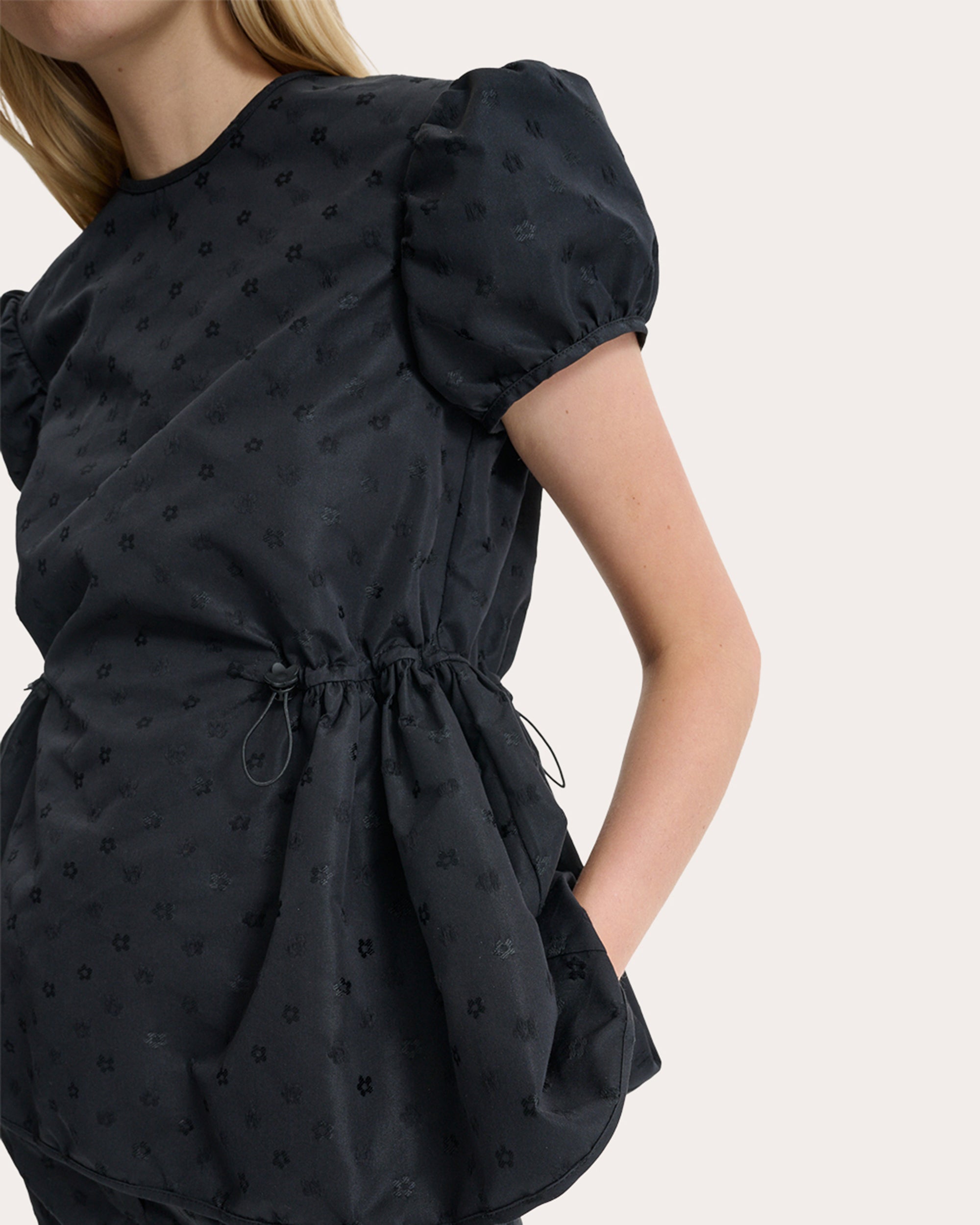 Chiara Iris Jacquard Cinched Puff-Sleeve Top