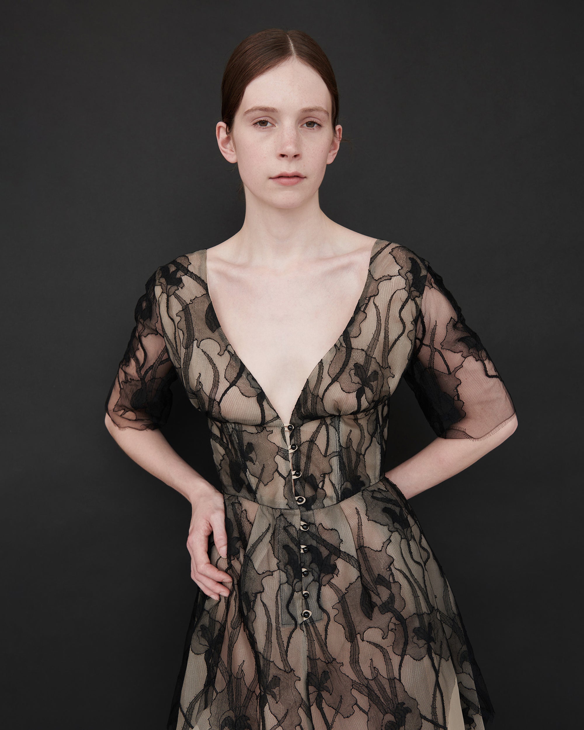 Lea Silk Organza Lace Corset Midi Dress