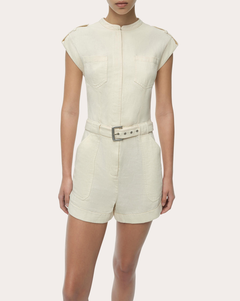 Tinka Linen Belted Cap-Sleeve Romper