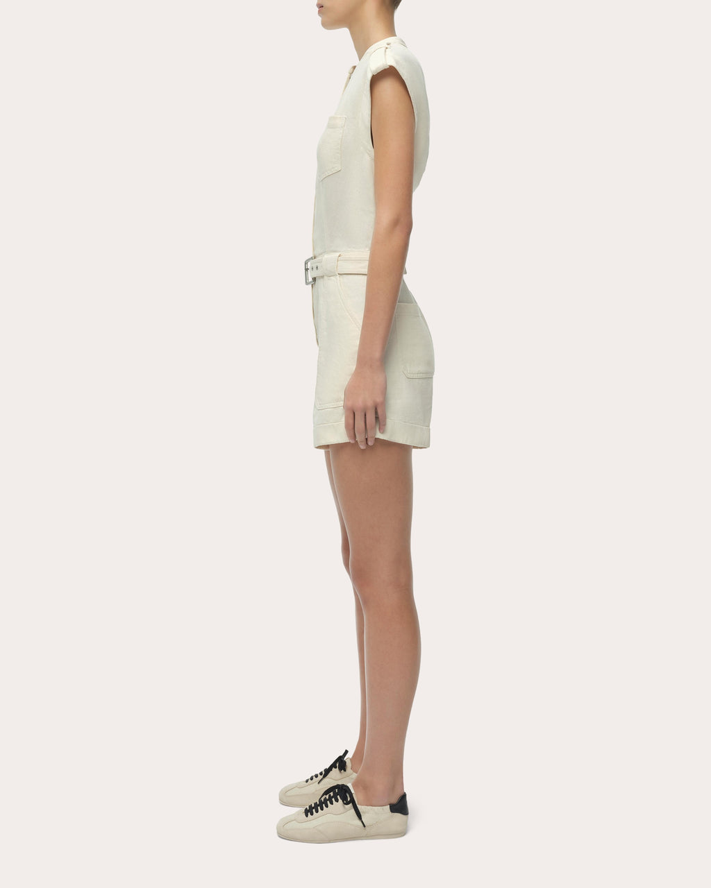Tinka Linen Belted Cap-Sleeve Romper