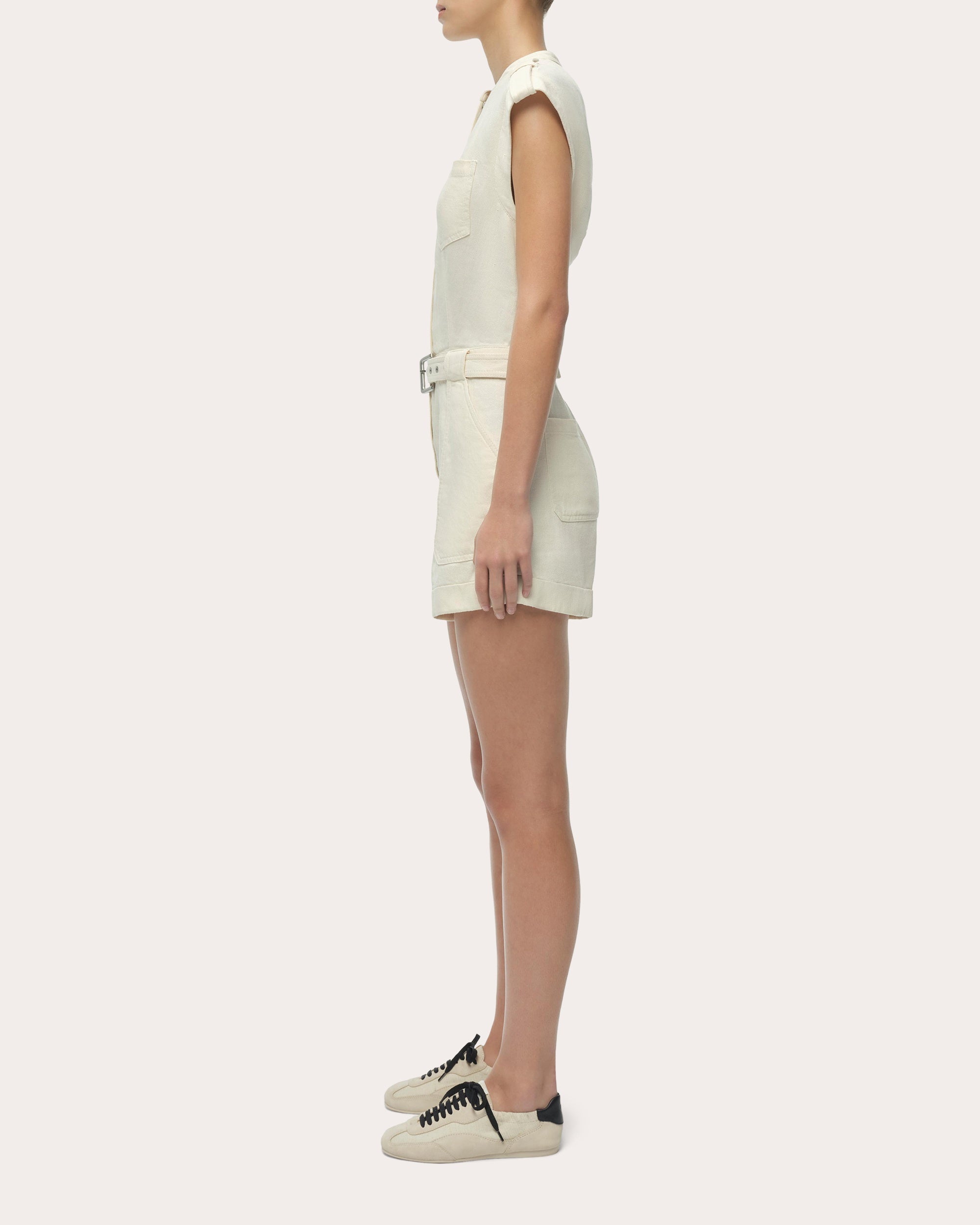 Tinka Linen Belted Cap-Sleeve Romper
