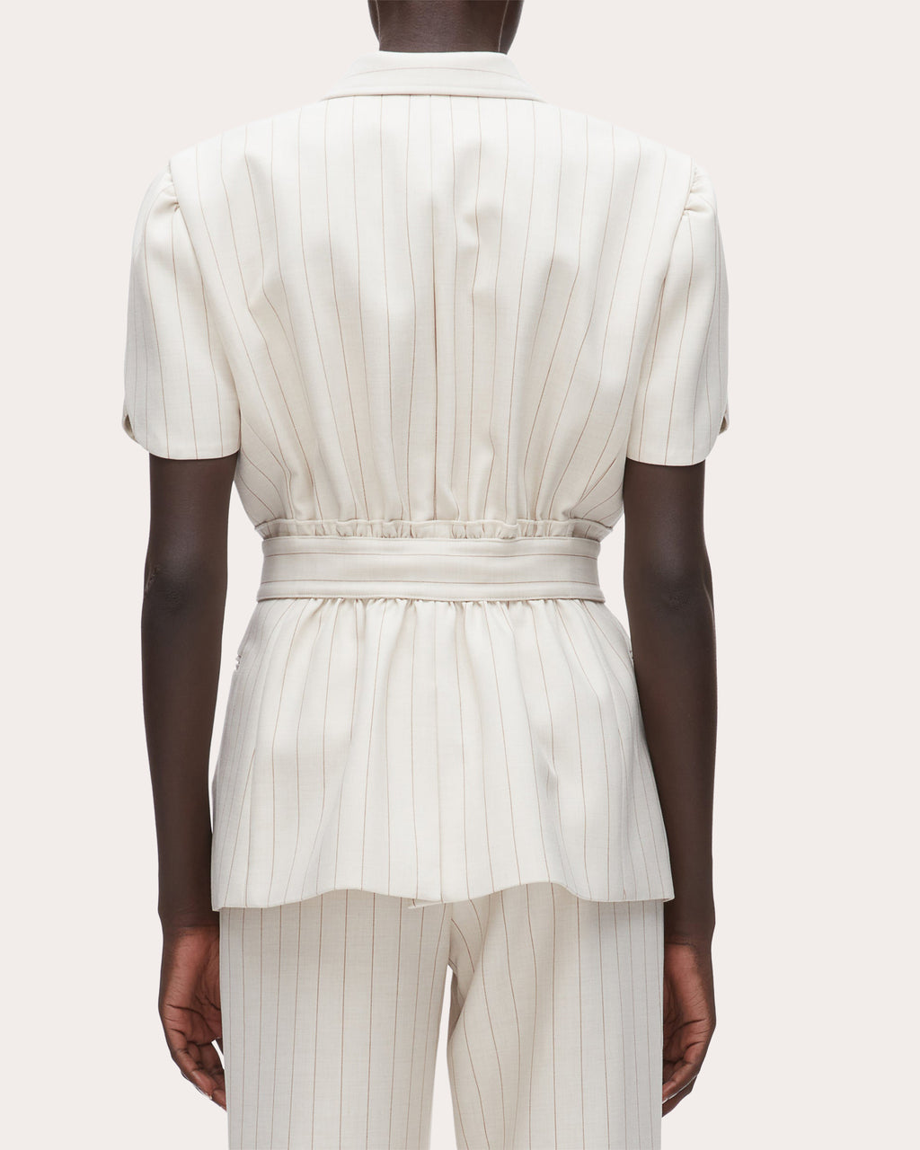 Pinstripe Tulip-Sleeve Belted Blazer