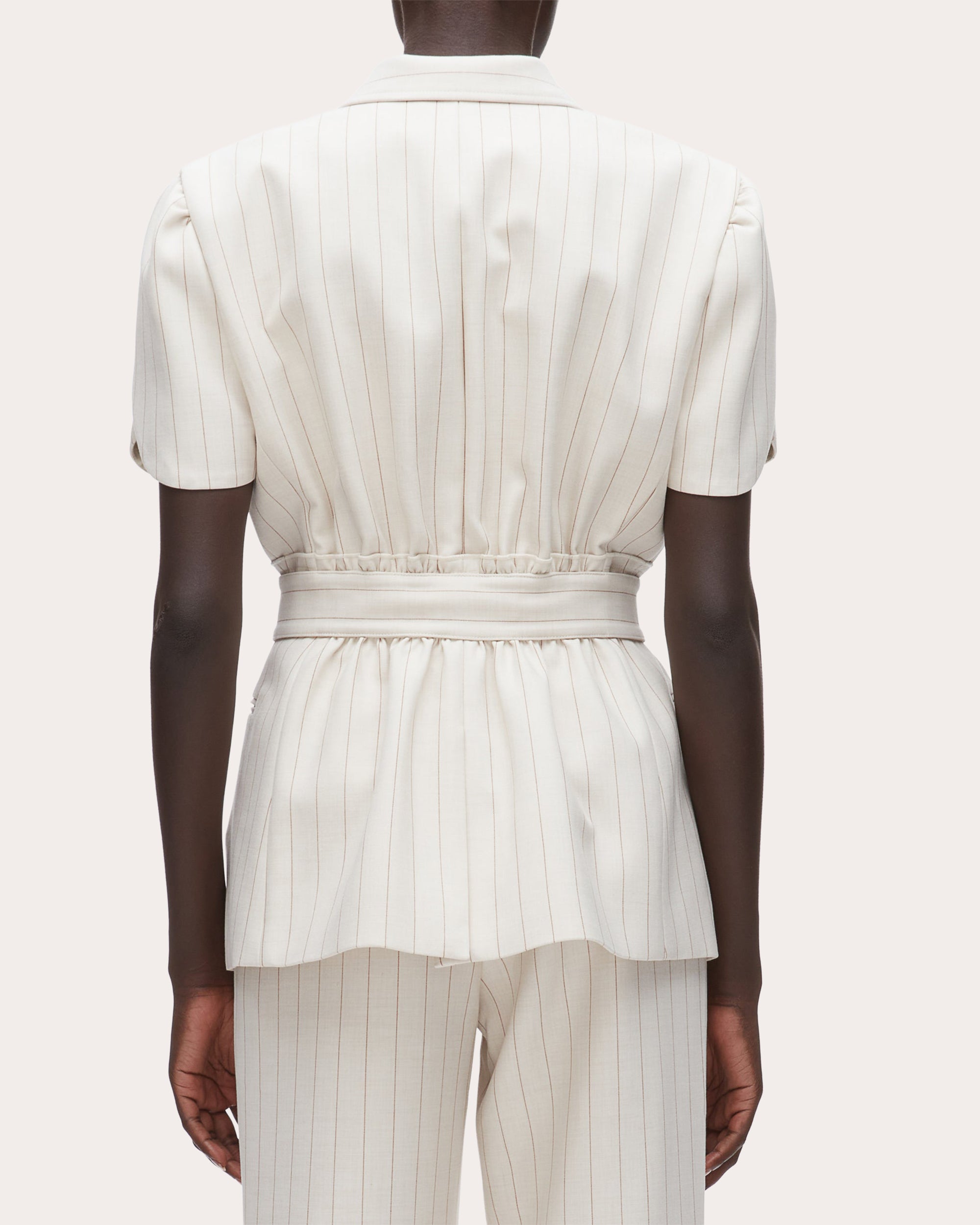 Pinstripe Tulip-Sleeve Belted Blazer
