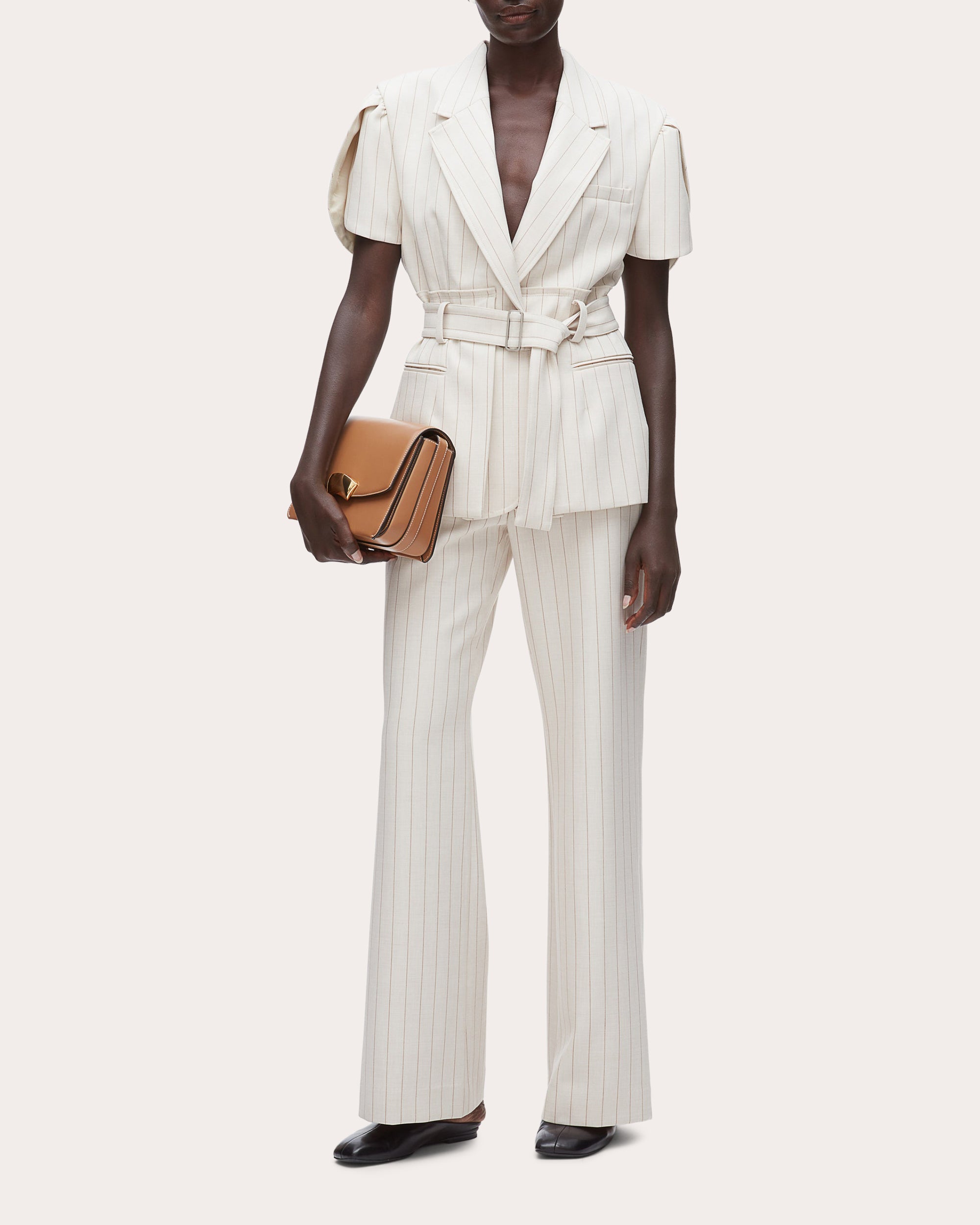 Pinstripe Tulip-Sleeve Belted Blazer