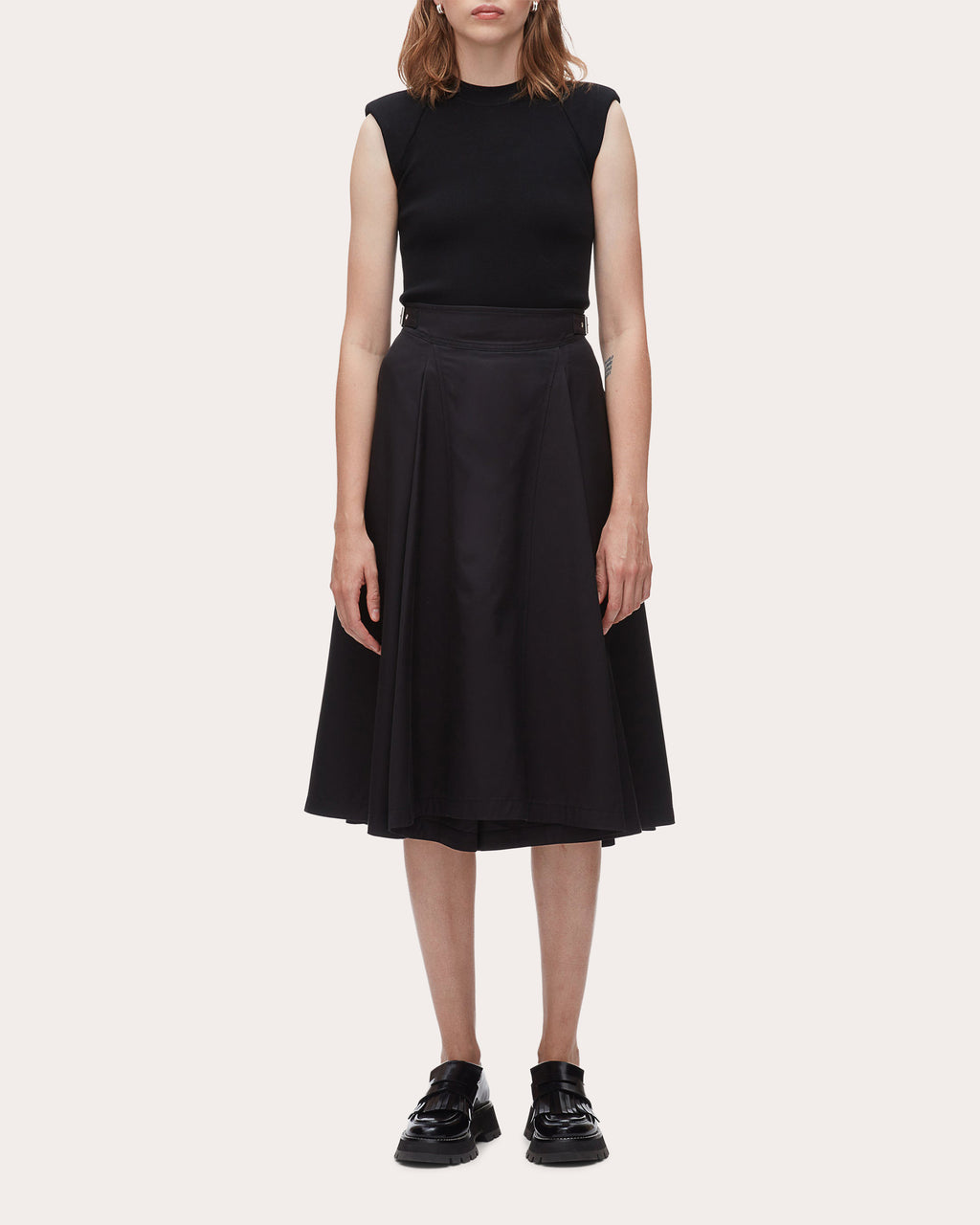 Twill Pleated Biker Midi Skirt