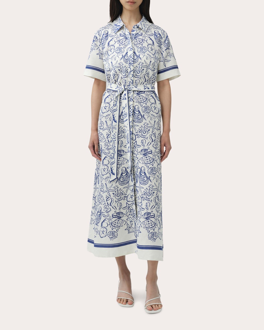 Audria Seashell Linen Belted Midi Shirt Dress