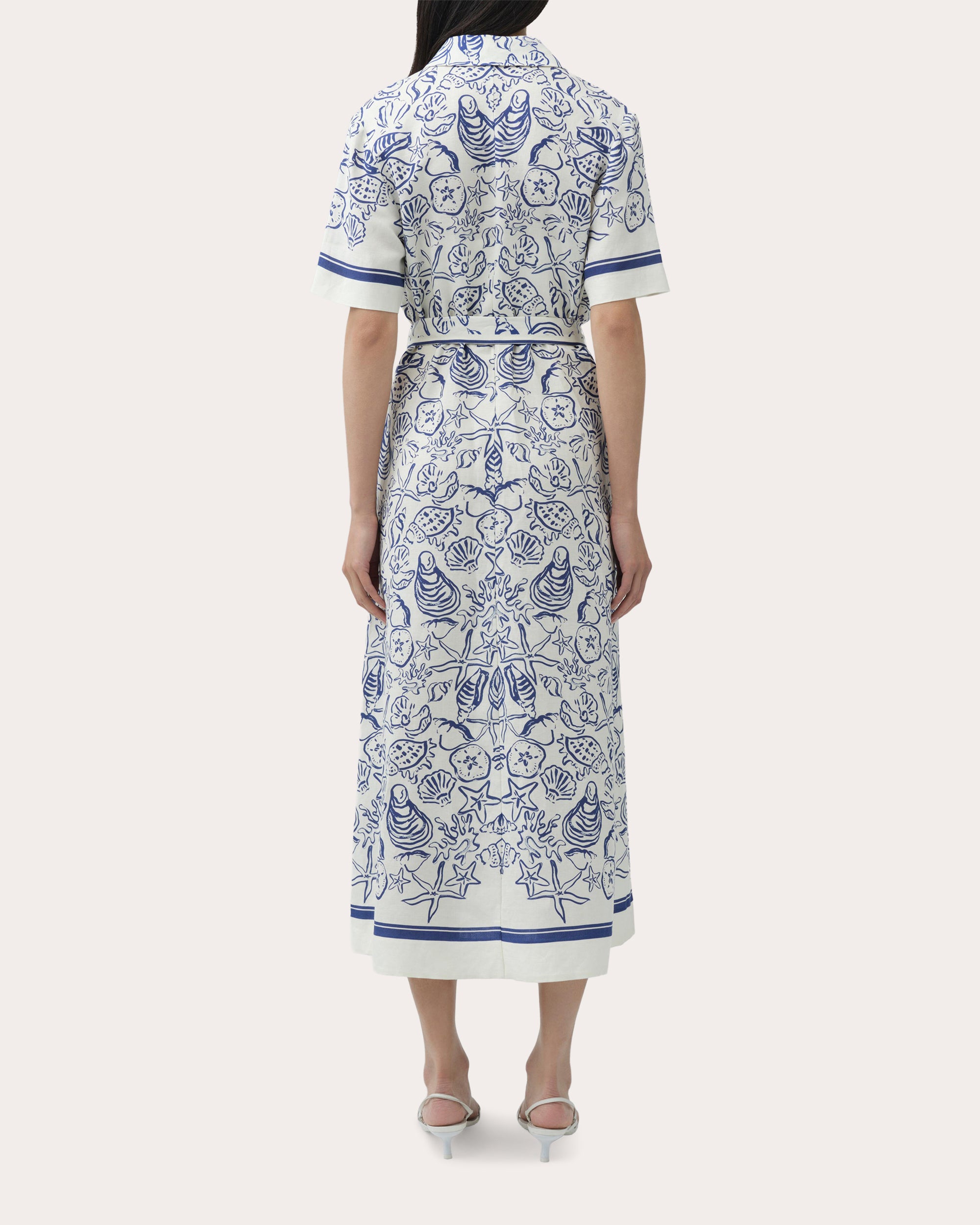 Audria Seashell Linen Belted Midi Shirt Dress