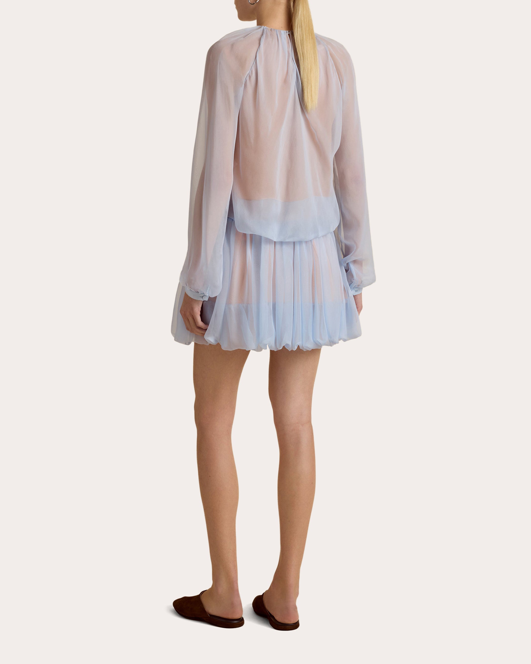Silk Chiffon Gathered Long-Sleeve Blouse