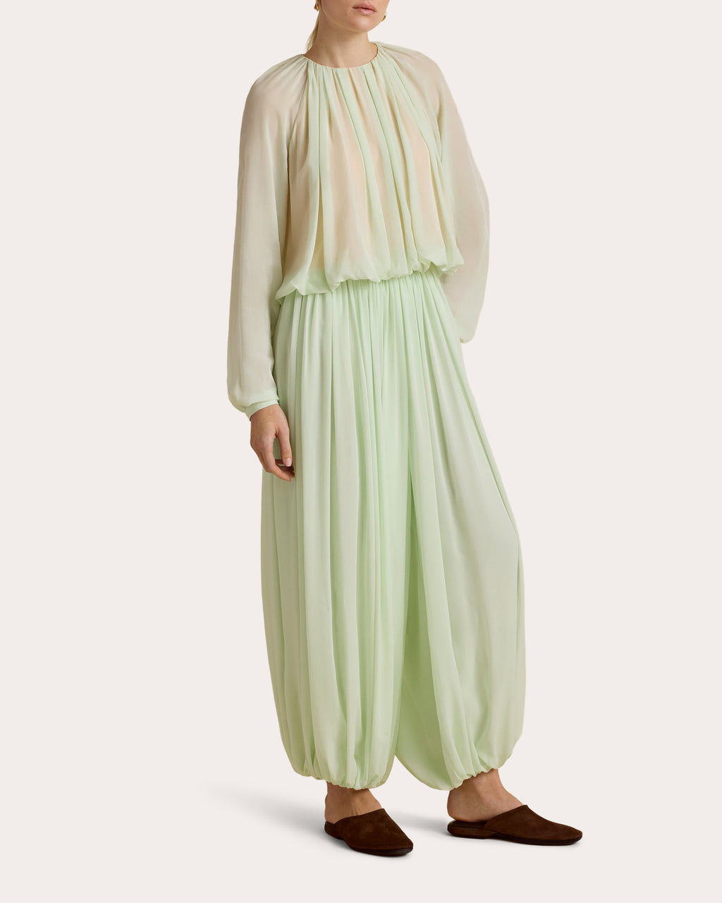 Silk Chiffon Gathered Long-Sleeve Blouse