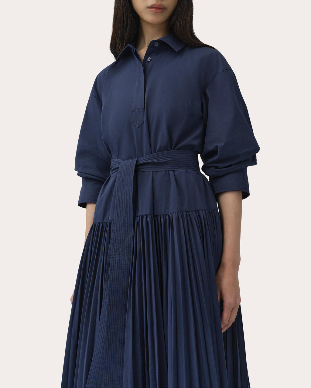 Arlo Poplin Belted Pleated Maxi Shirt Dress