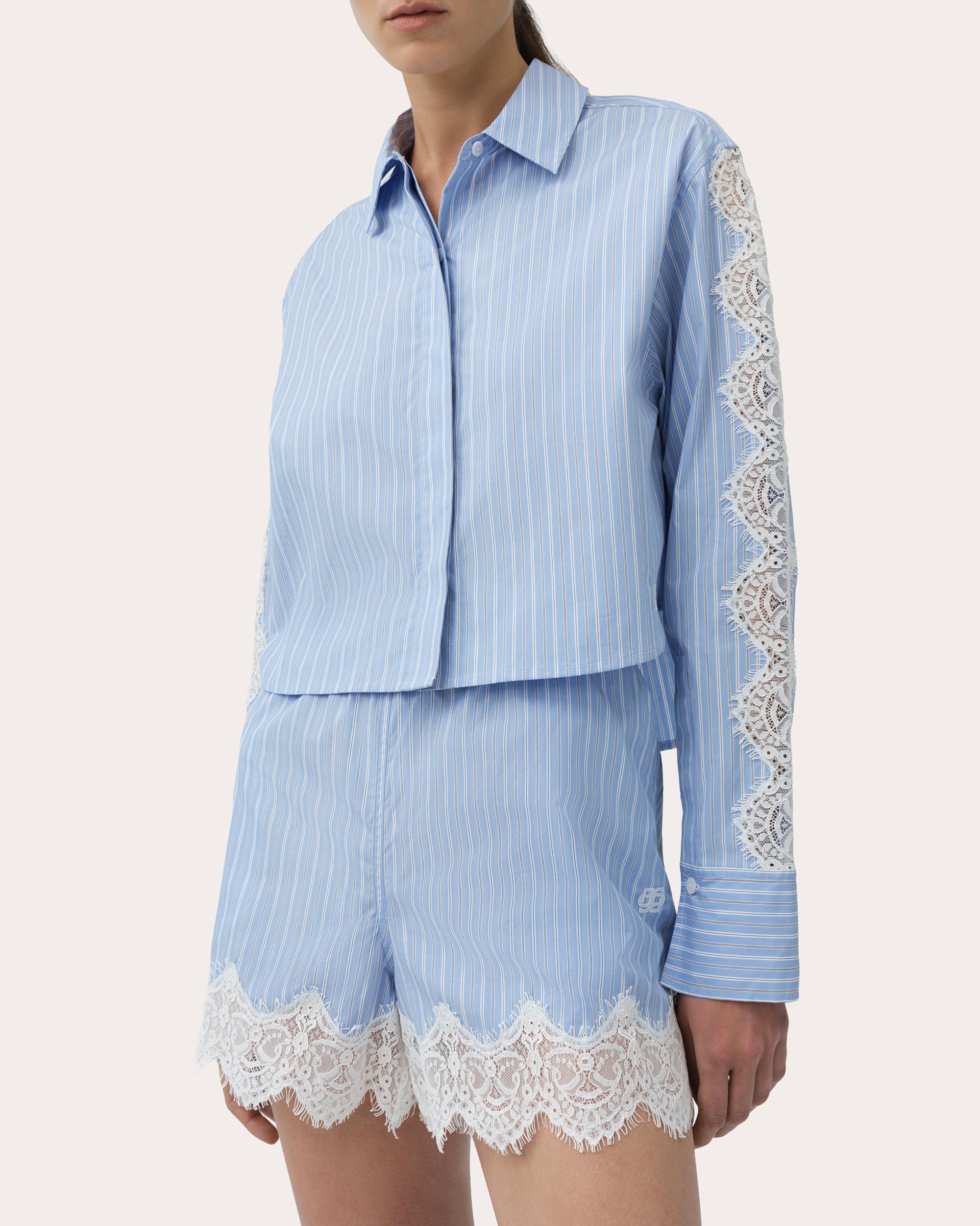 Renata Stripe Poplin Lace Crop Button-Up