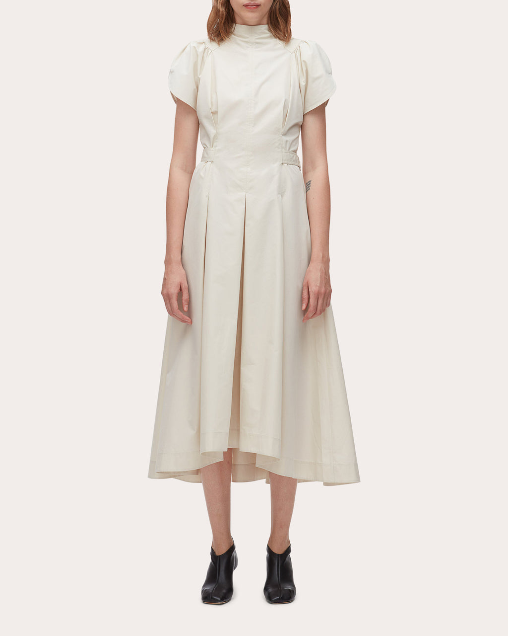 Cotton Poplin Pleated Tulip-Sleeve Midi Dress