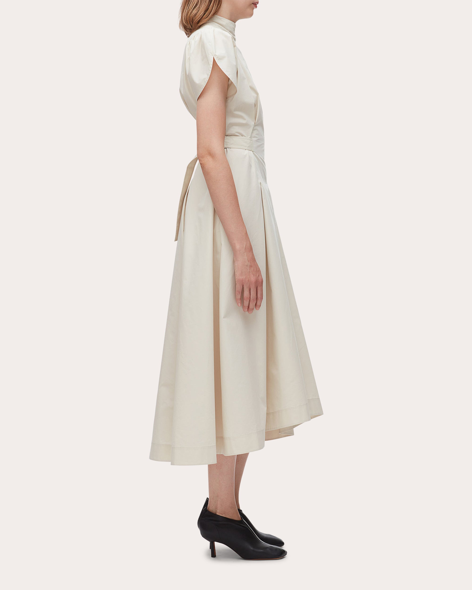 Cotton Poplin Pleated Tulip-Sleeve Midi Dress