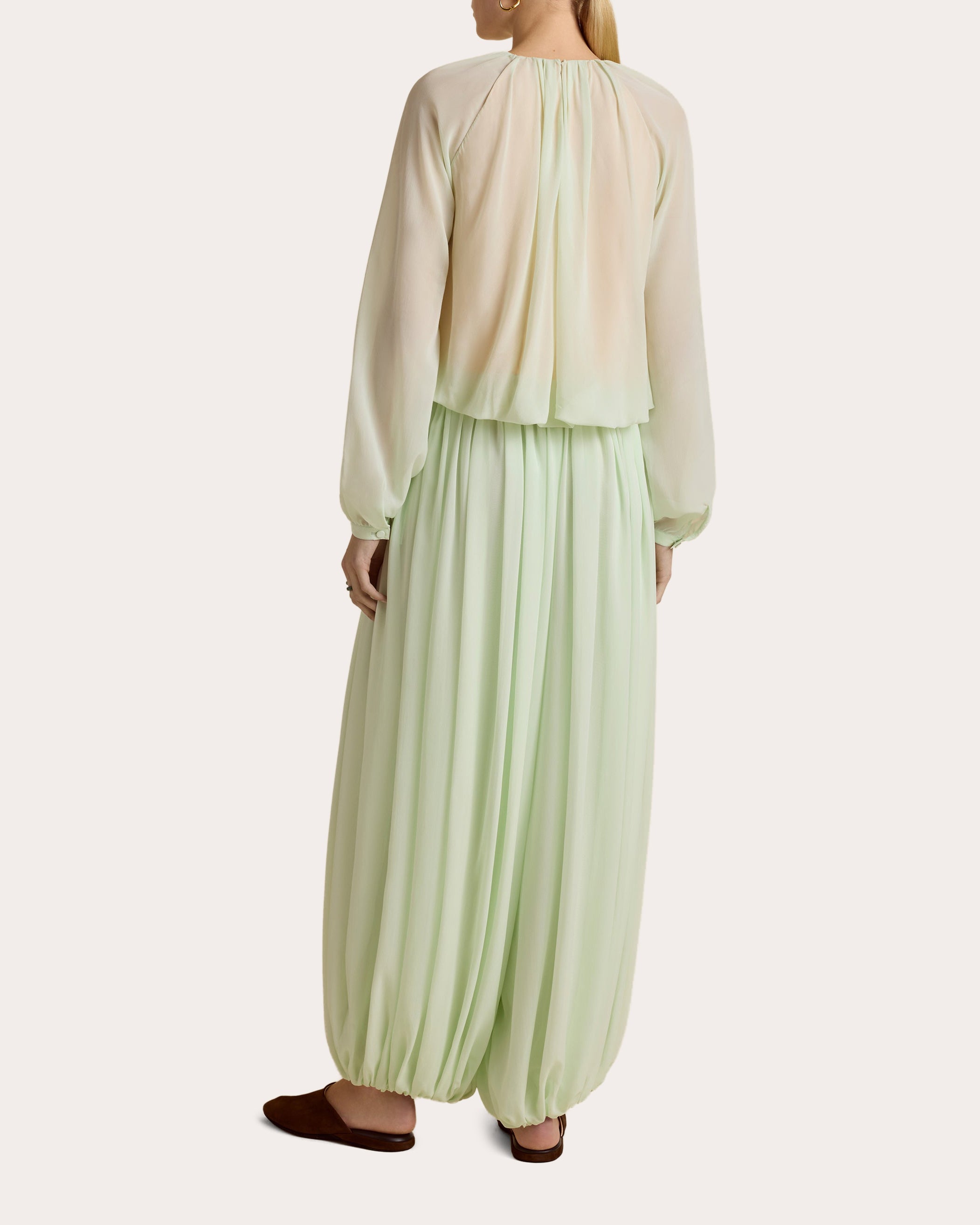Silk Chiffon Gathered Long-Sleeve Blouse
