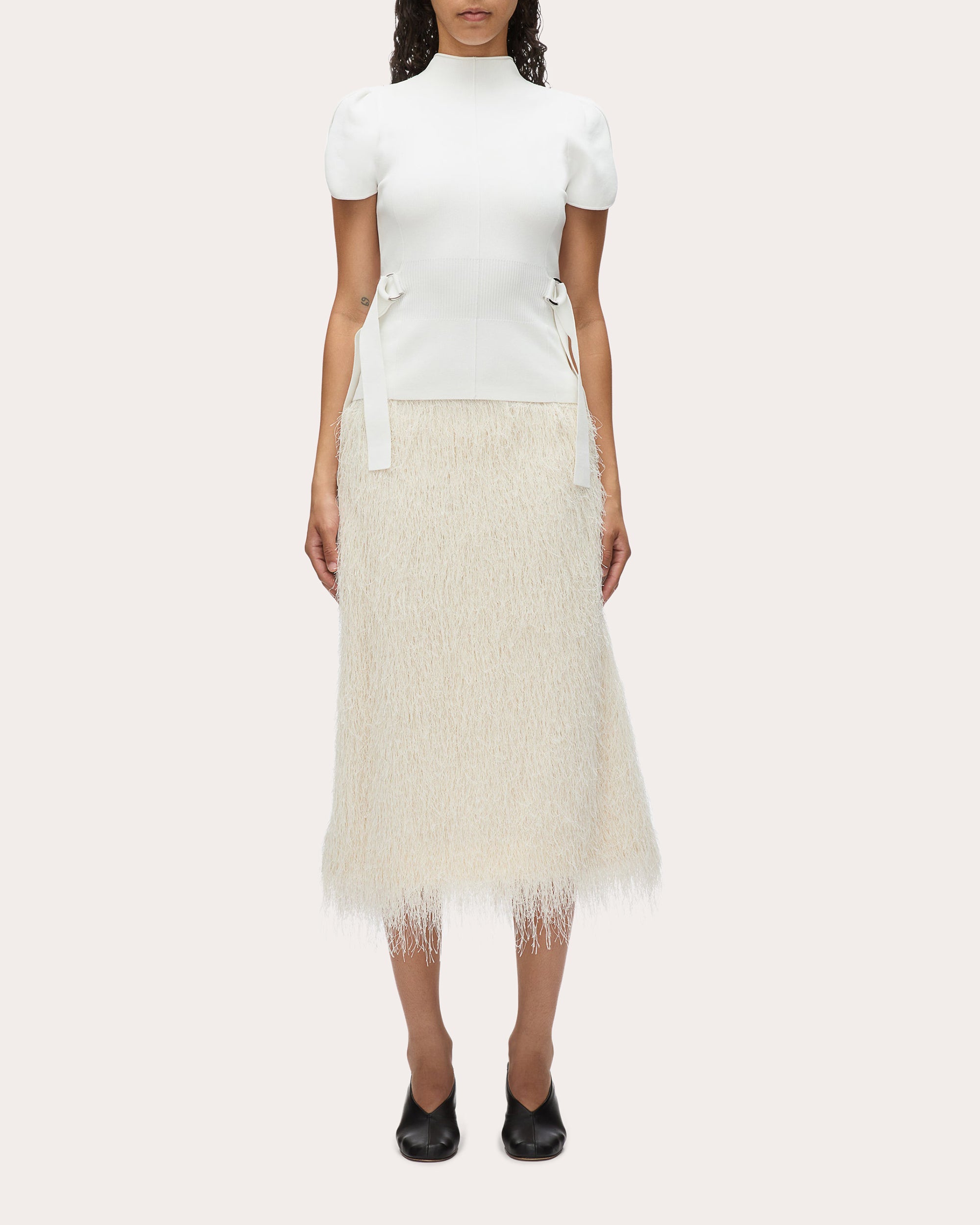 Compact Knit Mock Neck Tulip-Sleeve Top