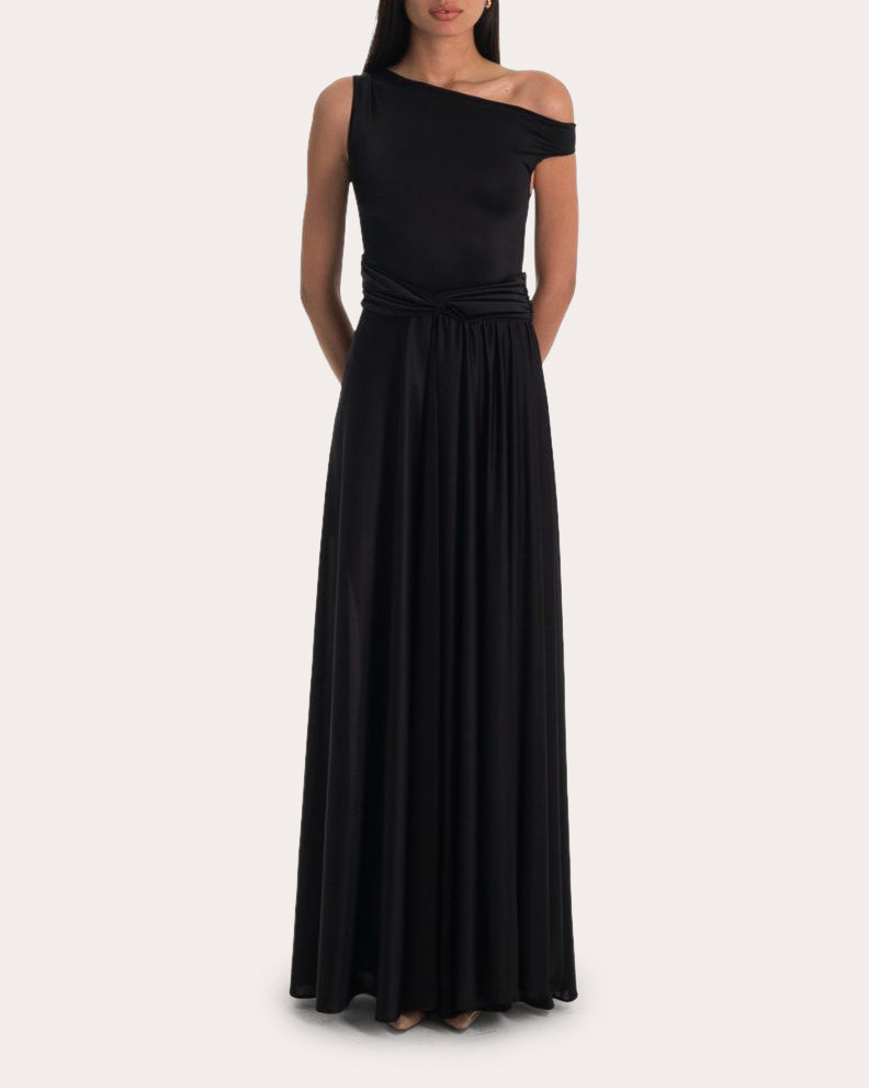 Geneve Ruched Jersey Asymmetric Gown