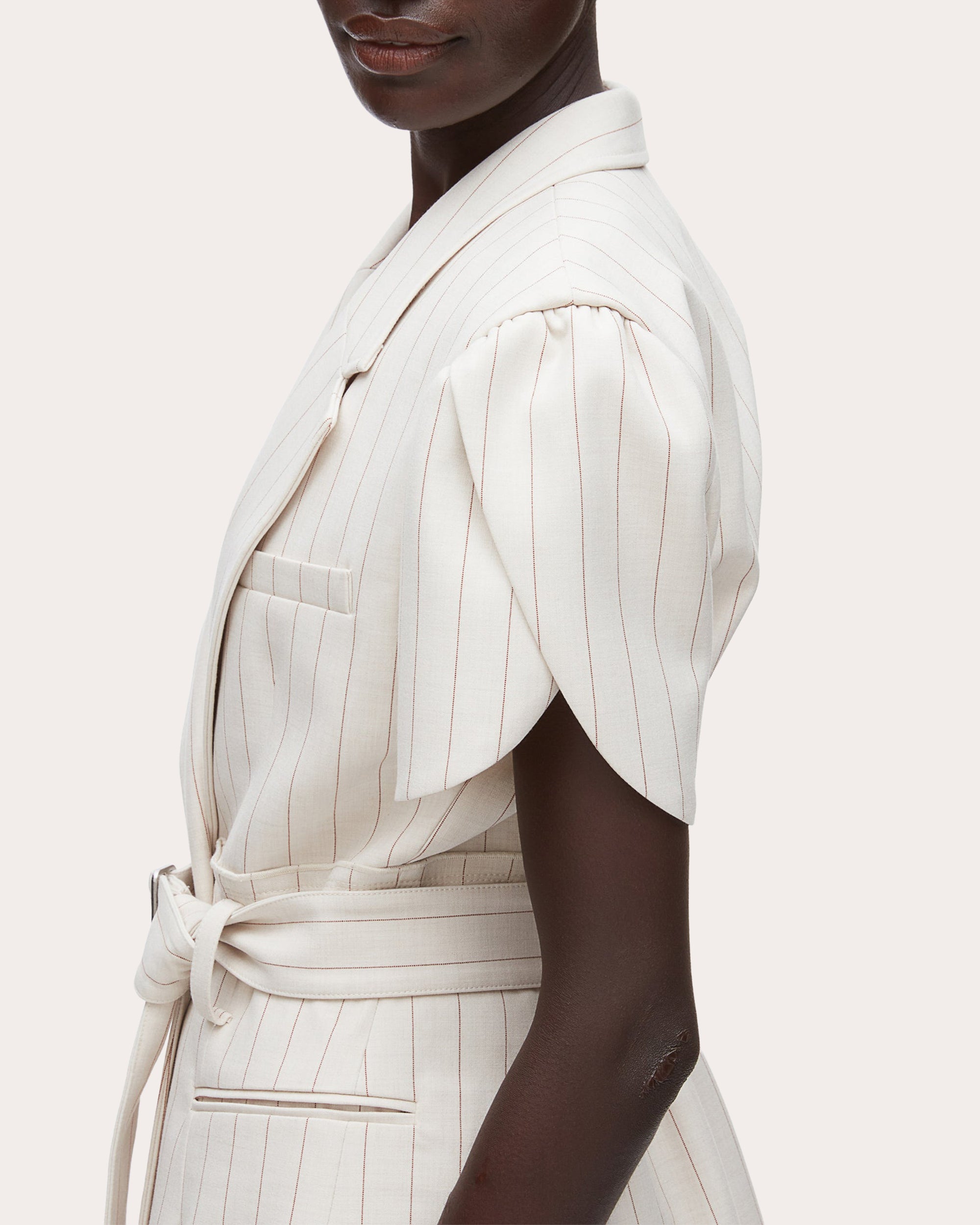 Pinstripe Tulip-Sleeve Belted Blazer