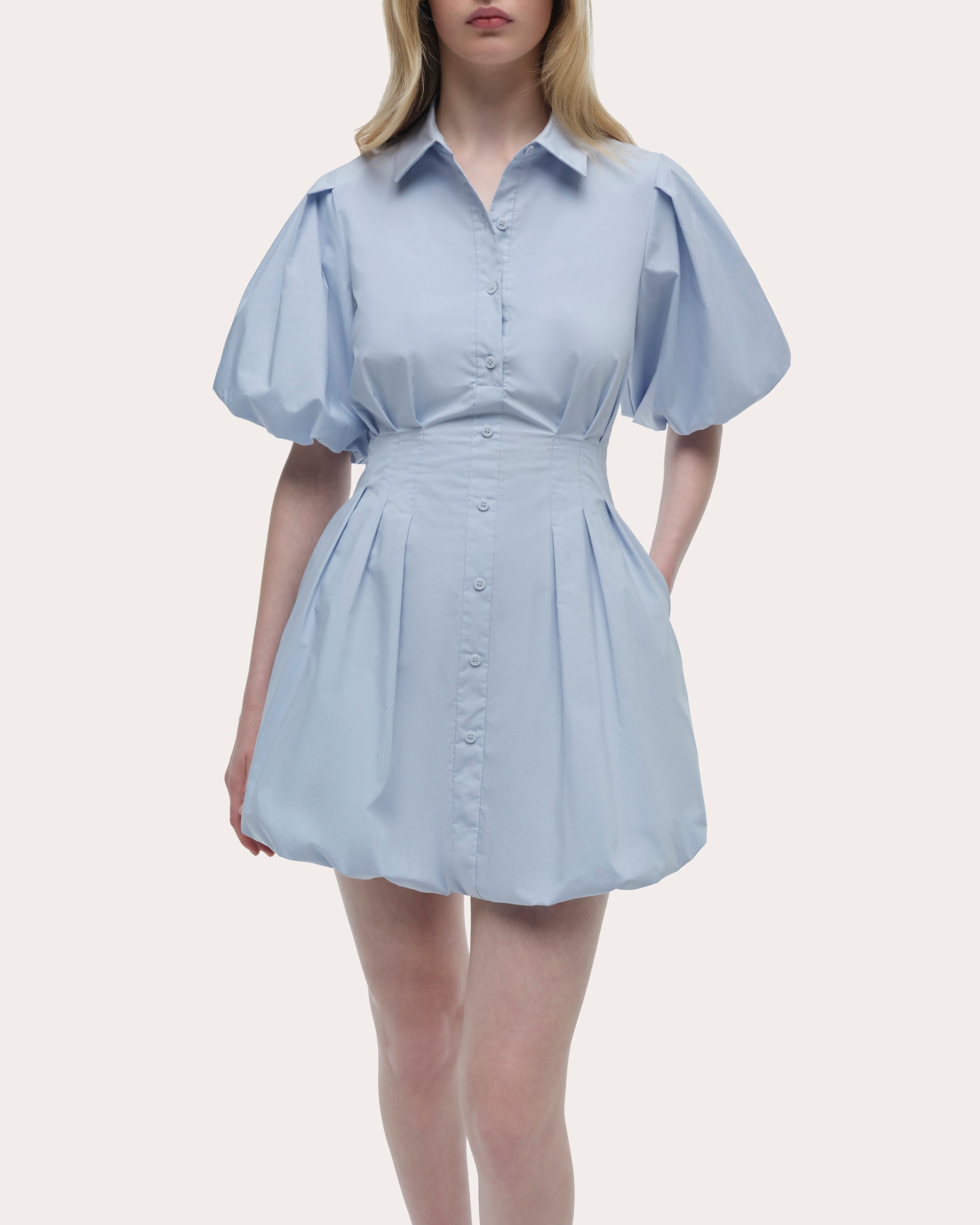 Cleo Poplin Puff-Sleeve Mini Shirt Dress