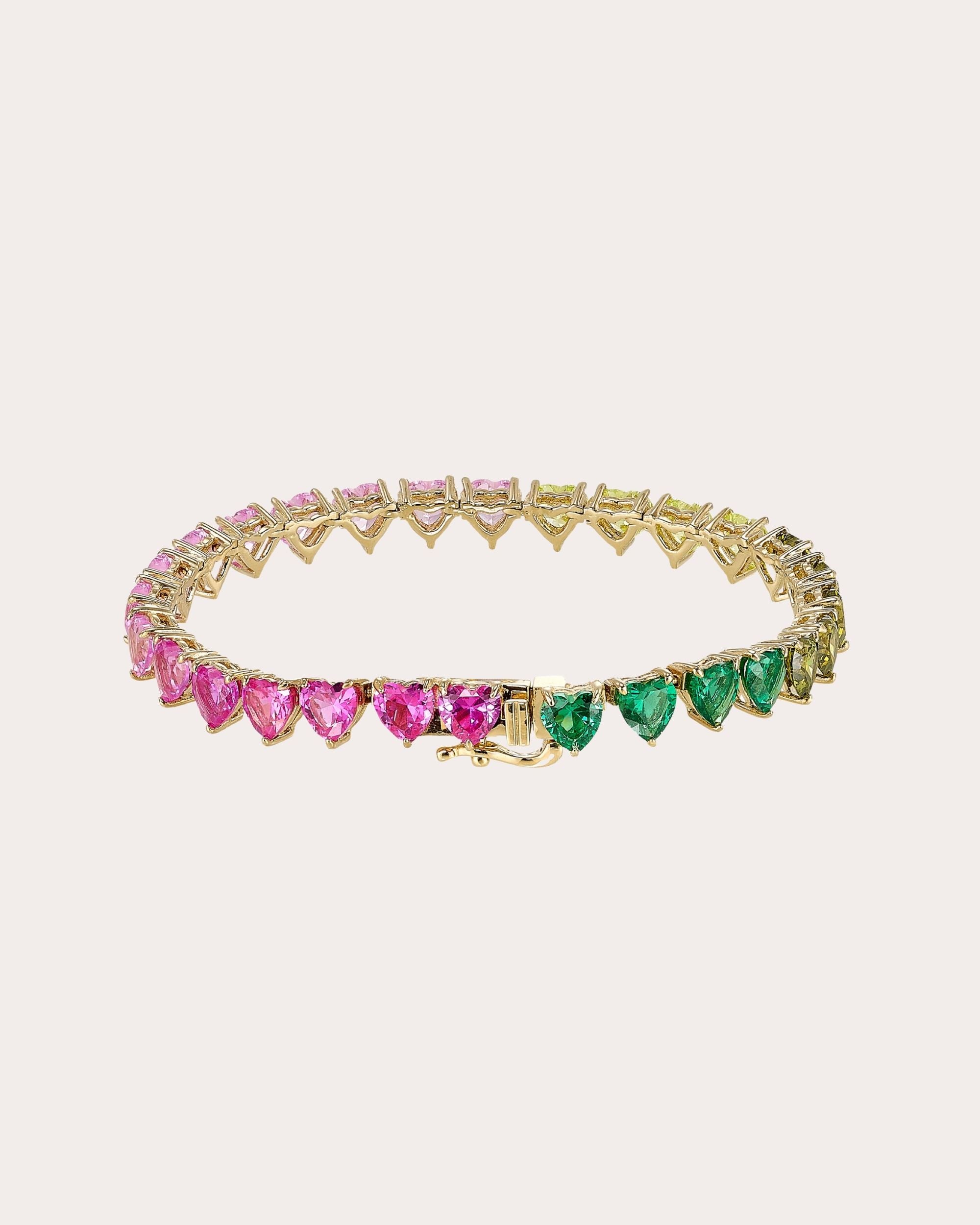 Pink Sapphire & Green Tourmaline Peony Eternity Heart Bracelet