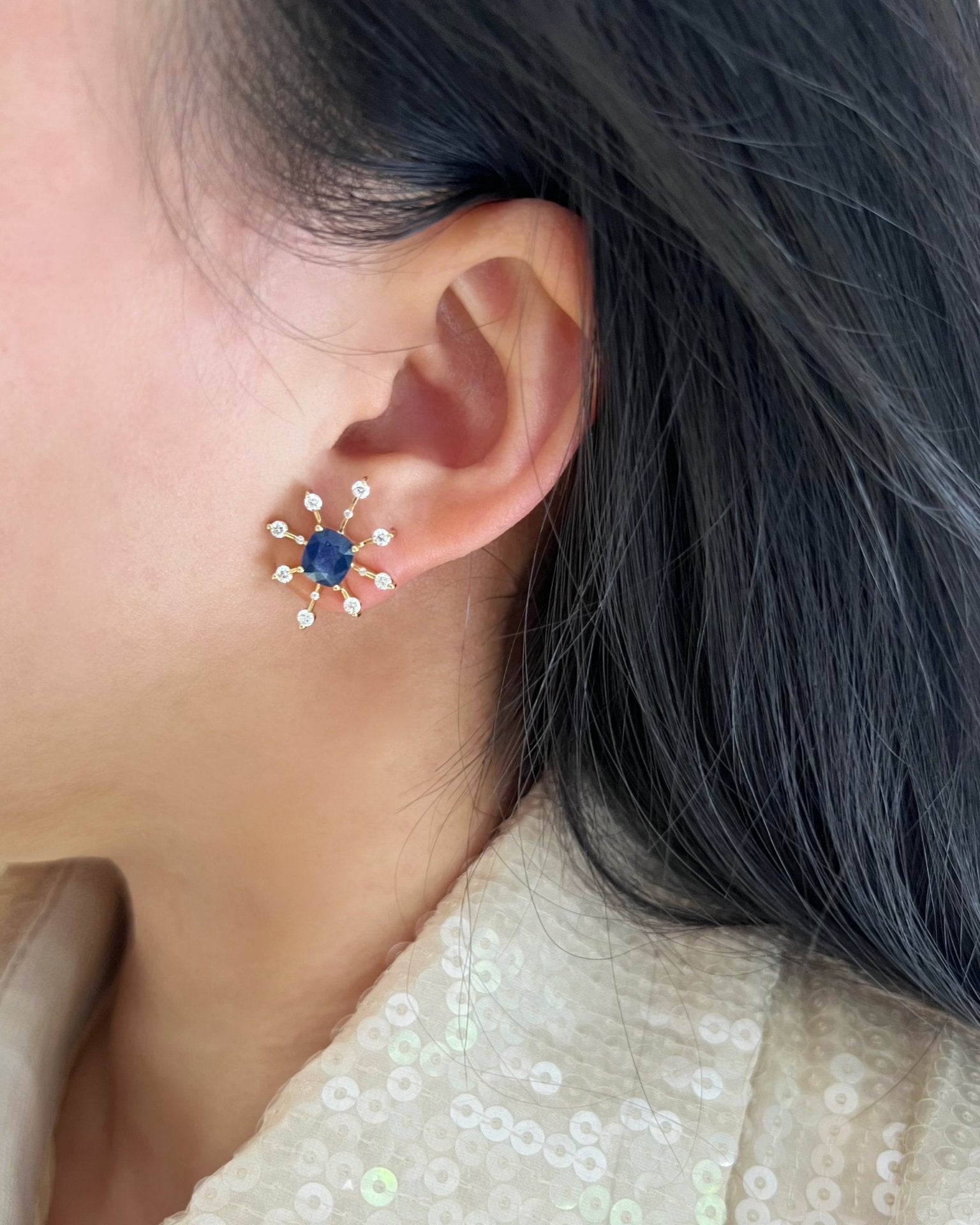 Ceylon Sapphire & Diamond Starburst Stud Earrings