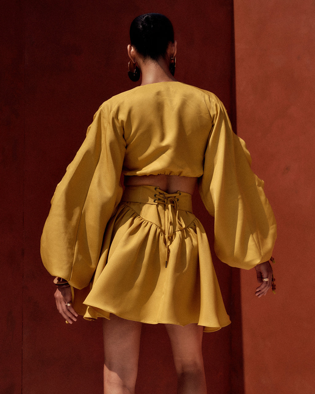 Inda Shirred Bubble-Sleeve Crop Top
