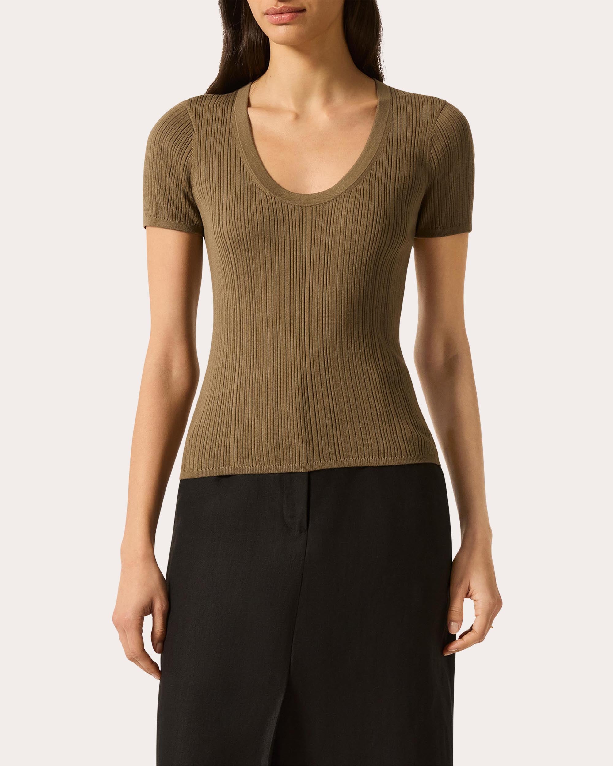 Ribbed Silk-Cotton Scoop Neck Tee