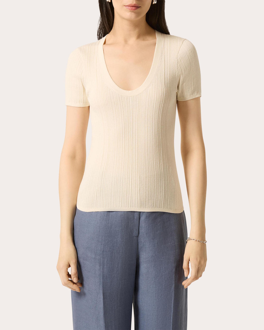 Ribbed Silk-Cotton Scoop Neck Tee