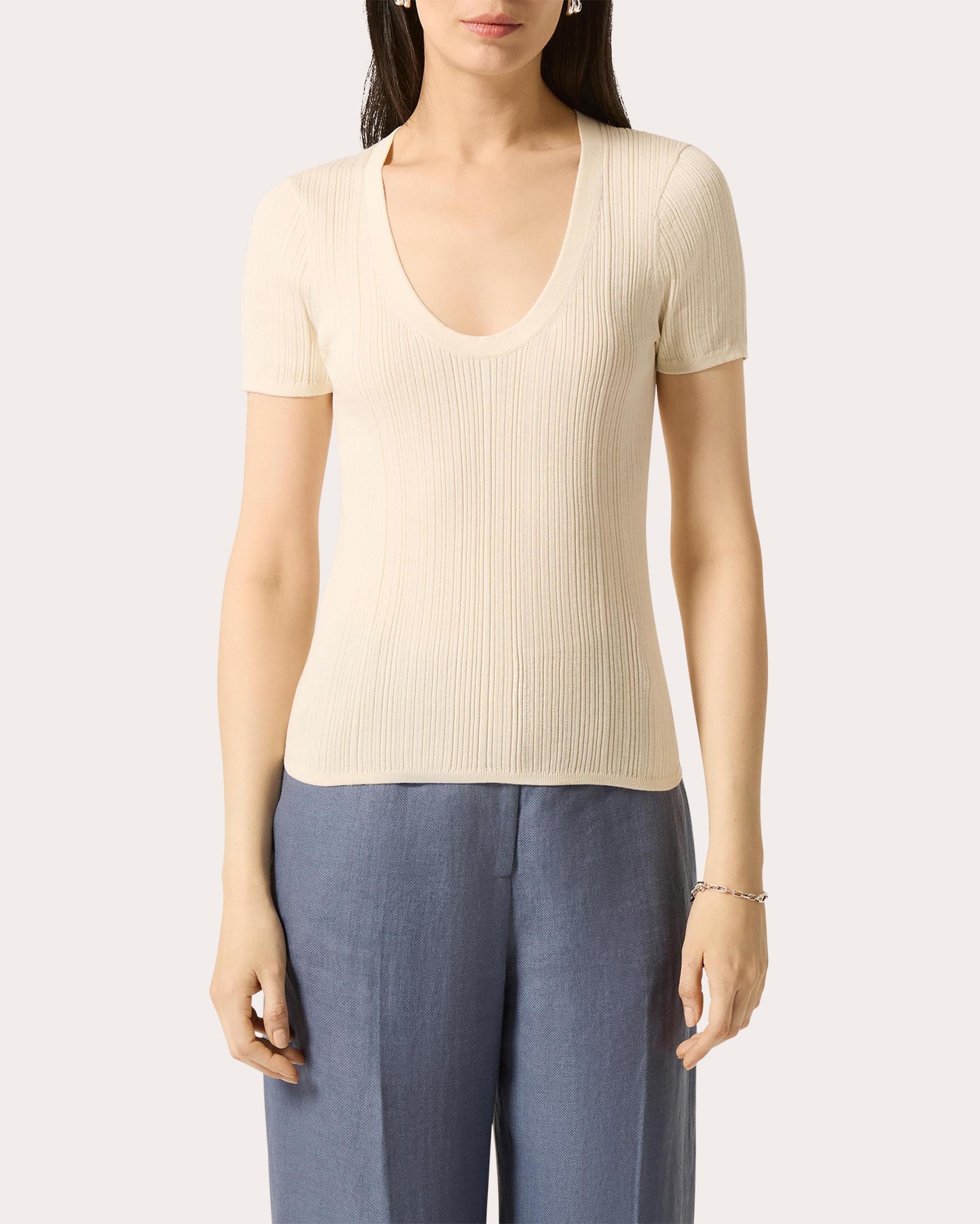 Ribbed Silk-Cotton Scoop Neck Tee