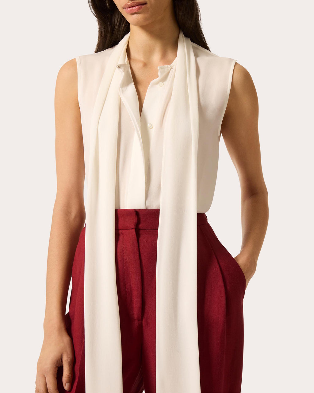 Silk Georgette Sleeveless Bow Blouse